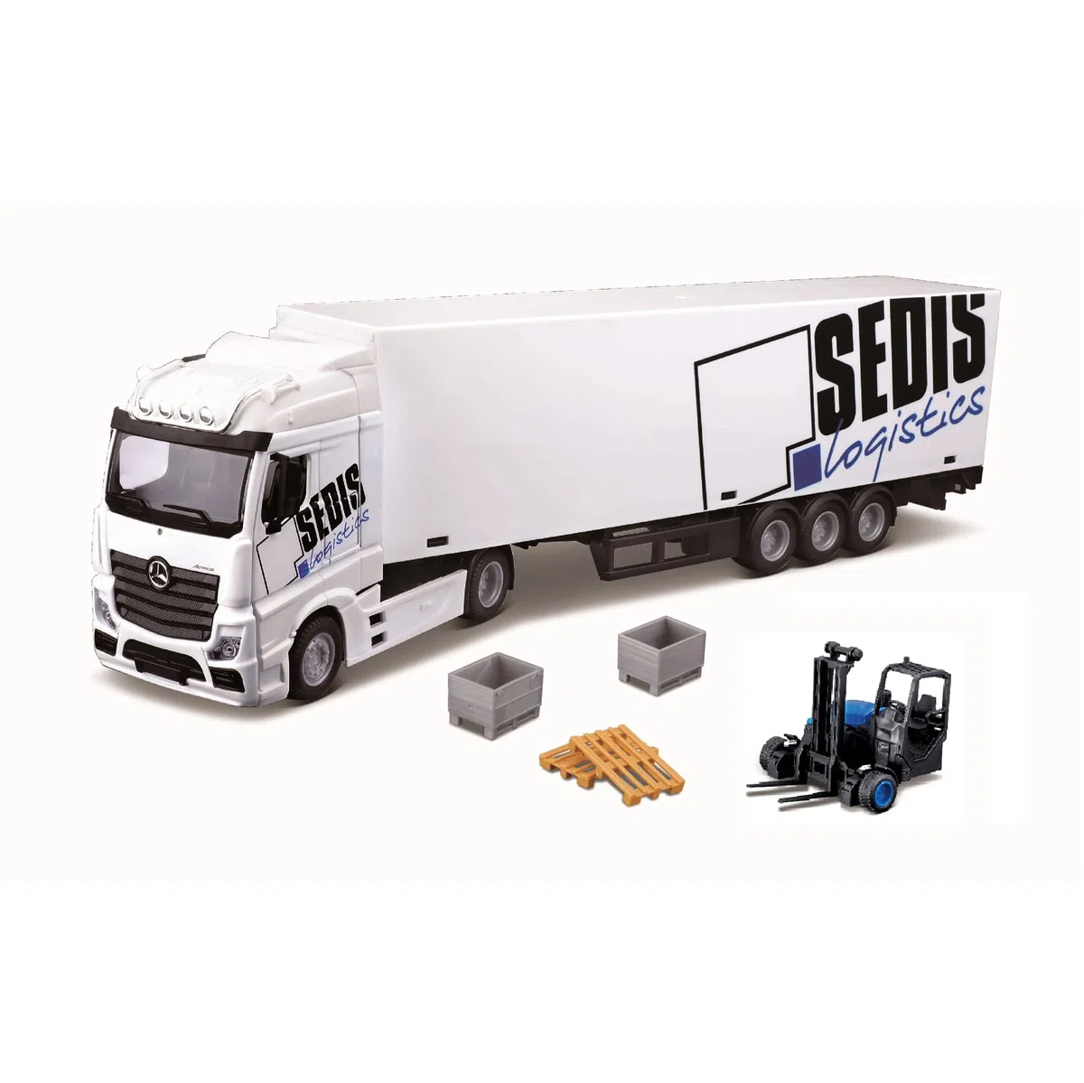 Bburago - May Cheong Group - 1/43 Street Fire Camion avec remorque Mercedes Benz Actros Sedis Logistics + Chariot élévateur 4 Accessoires pour Enfant dès 3 Ans 31471, Aléatoires, (B18-31471)
