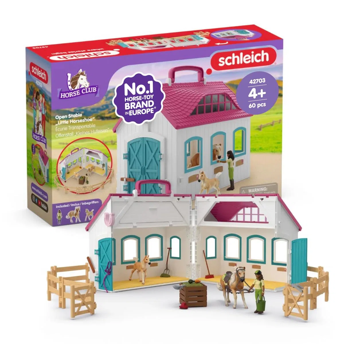 Schleich Horse Club | Écurie transportable “Petit Fer à Cheval” 42703 | Set avec écurie, 2 Chevaux, Figurine Mobile & Accessoires pour Enfants | Jouet dès 5 Ans | 60 pièces