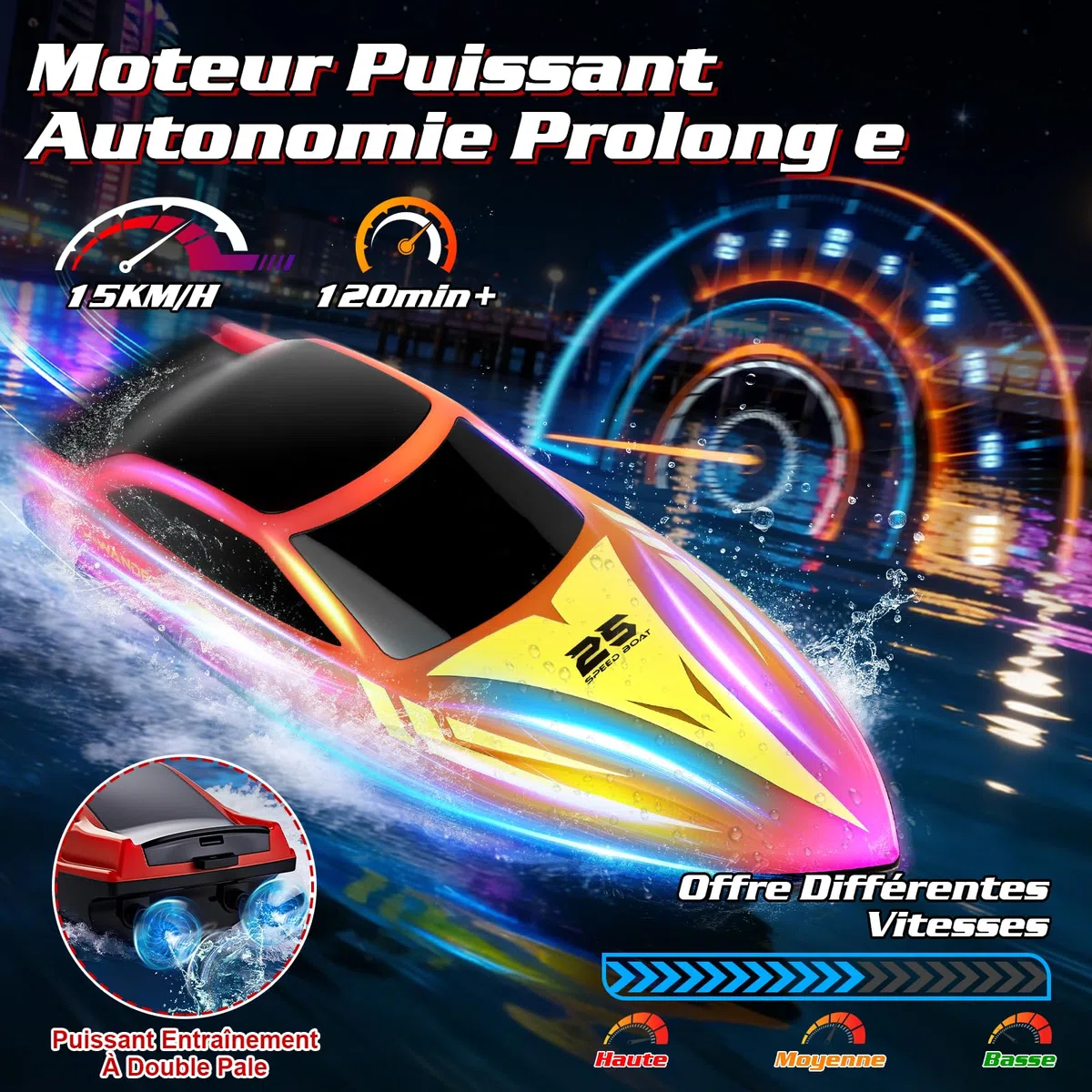 FORMIZON Bateau Télécommandé, 15km/h Bateau RC avec 7 Modes Lumières LED, 2.4GHZ Bateau Telecommandé Enfant pour Piscine et Lacs, Speedboat De Course RC autonomie 120 Minutes (Rouge)