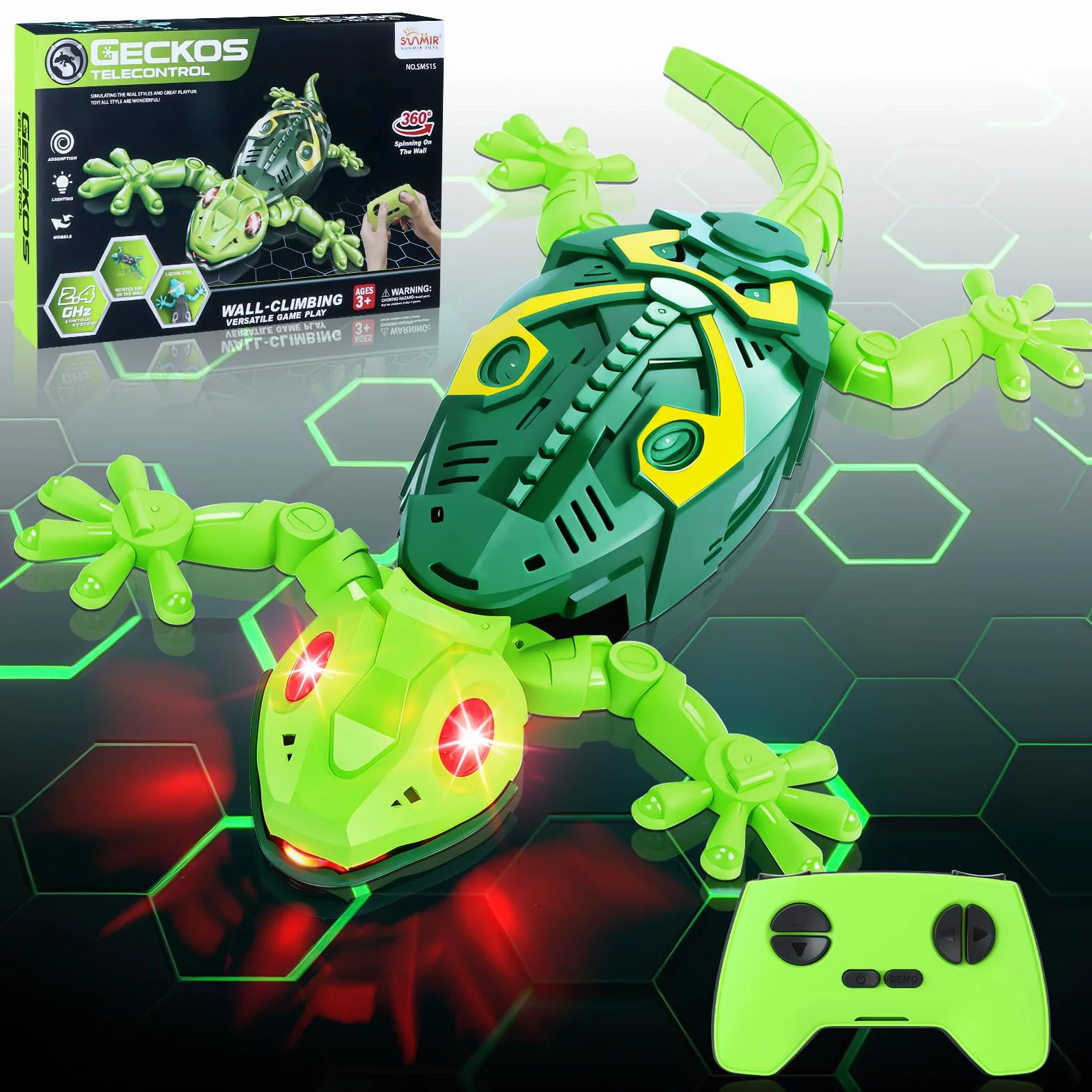 Charmofun Gecko Radiocommandé, lezard Télécommandé avec Yeux LED Lumineux, lezard Qui Grimpe Au Mur, Mouvements réalistes, Direction réglable, Jouet Cadeau interactif pour Enfants 3+ Ans (Vert)
