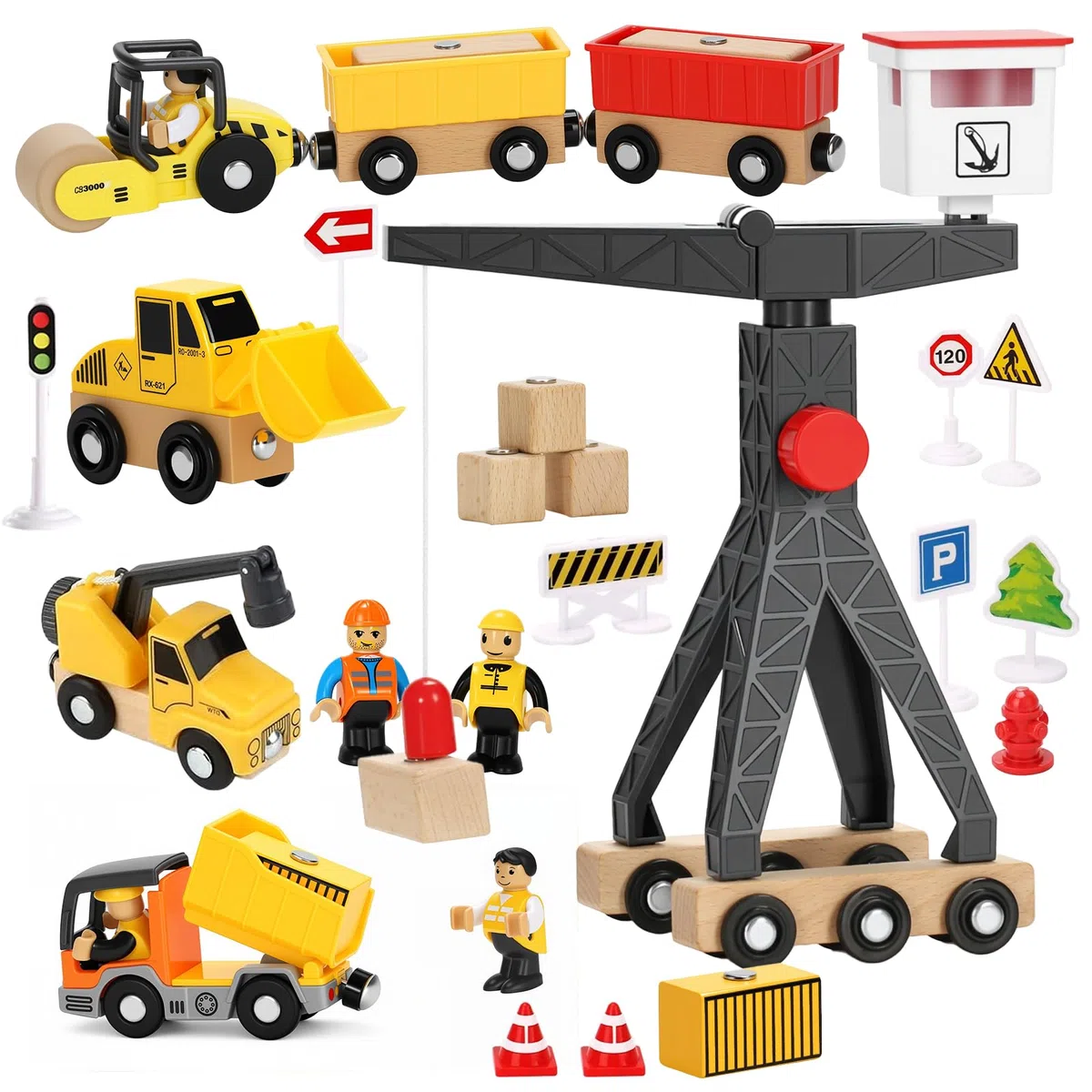 Jouet Enfant 3 Ans Véhicule Chantier Jouet en Bois,29 Pcs Engins de Chantier Enfant avec Grue Jouet Creuseur Camion-Benne Rouleau Routier Panneaux de Signalisation Cadeau Garçon 2 3 4 5 6 Ans