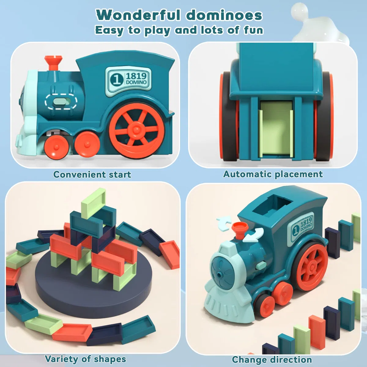 Domino Train pour Enfants, Dominos automatiques, Jouets de Construction et d'empilage,éducation précoce,Cadeau de Noël et d'anniversaire pour garçons et Filles de 3 à 8 Ans (Cyan)
