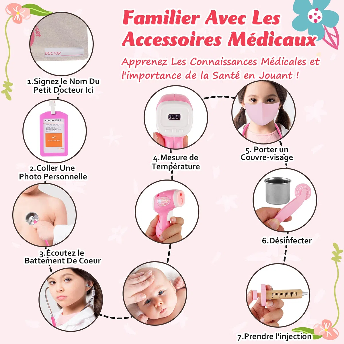 Sundaymot Mallette Docteur Enfant Jouet - 32Pièces Kit du Docteur Médicale Jouet avec Stéthoscope, Jeu d'imitation Cadeau pour Fille Garçon Enfant 3 4 5 6 7 Ans, Rose