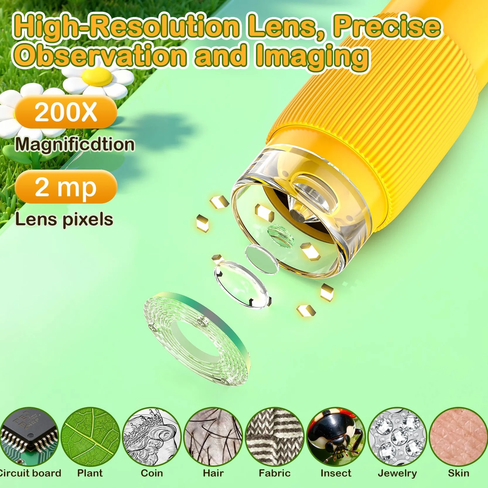 GlobalCrown Microscope Enfant, Microscope numérique de Poche avec lumière LED réglable,200x loupe microscopique Portable,Cadeau éducatif Scientifique pour garçons Filles de 3 4 5 6 7 8 Ans