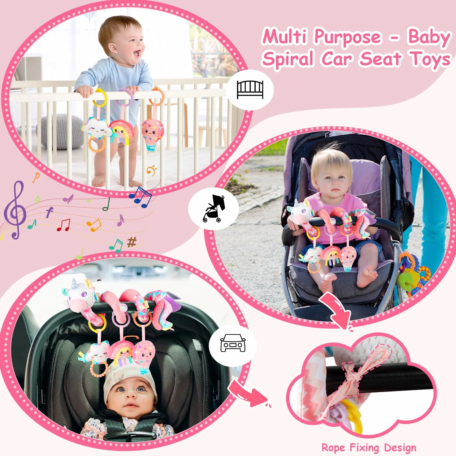 Spirale D'activité Bébé Jouets - Spirale Jouet Poussette Bebe avec Musique, Jouets Eveil Bebe, Jouet Siege Auto pour Garçons et Filles, Bébé Naissance Cadeaux 0 3 6 12 Mois, Rose