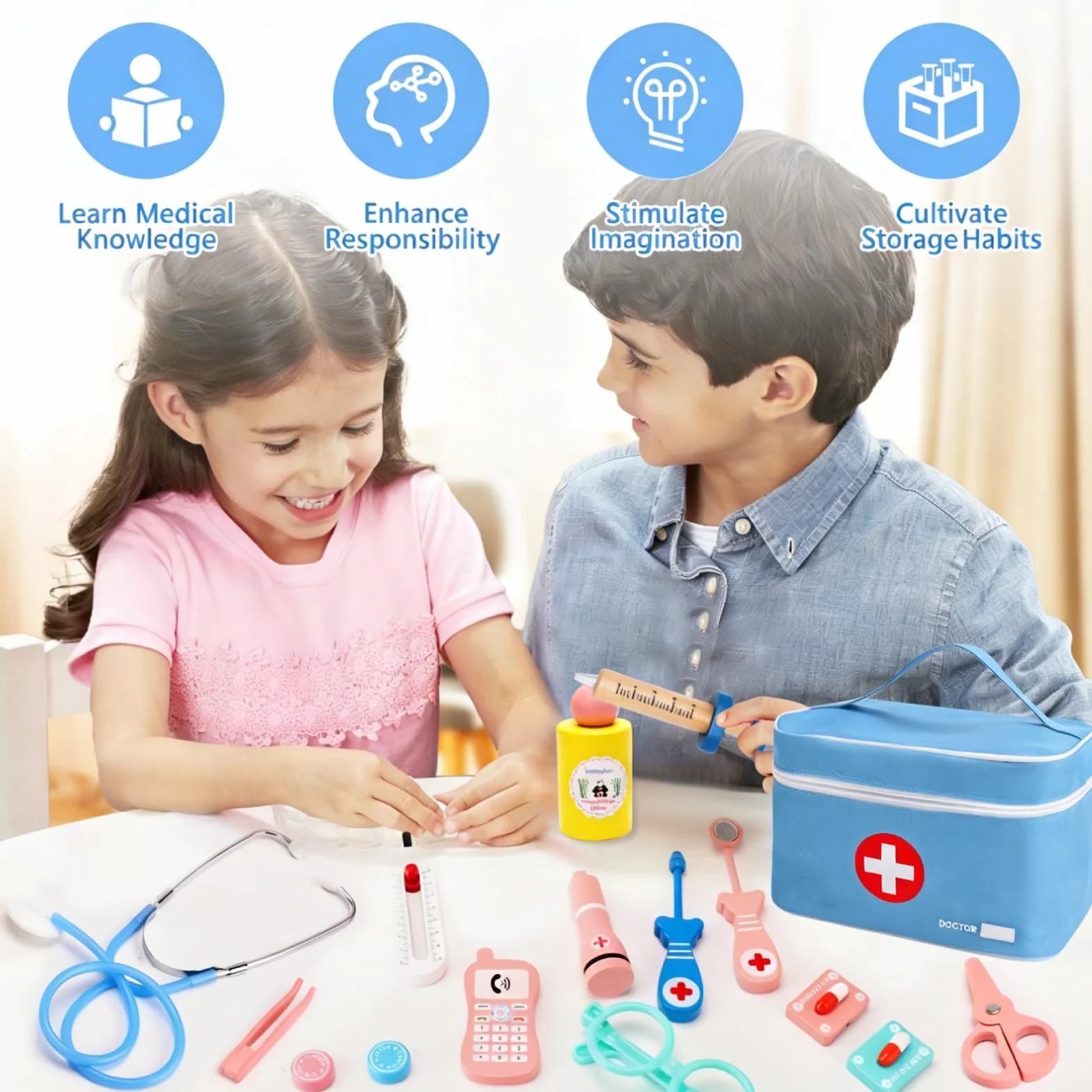 Malette Docteur Enfant, avec Véritable Stéthoscope, Thermomètre, Blouse de Médecin et Sac de Médecin Portable, Malette Docteur Enfant pour Fille Garcon 3+ Ans, Jouet Enfant 3 4 Ans