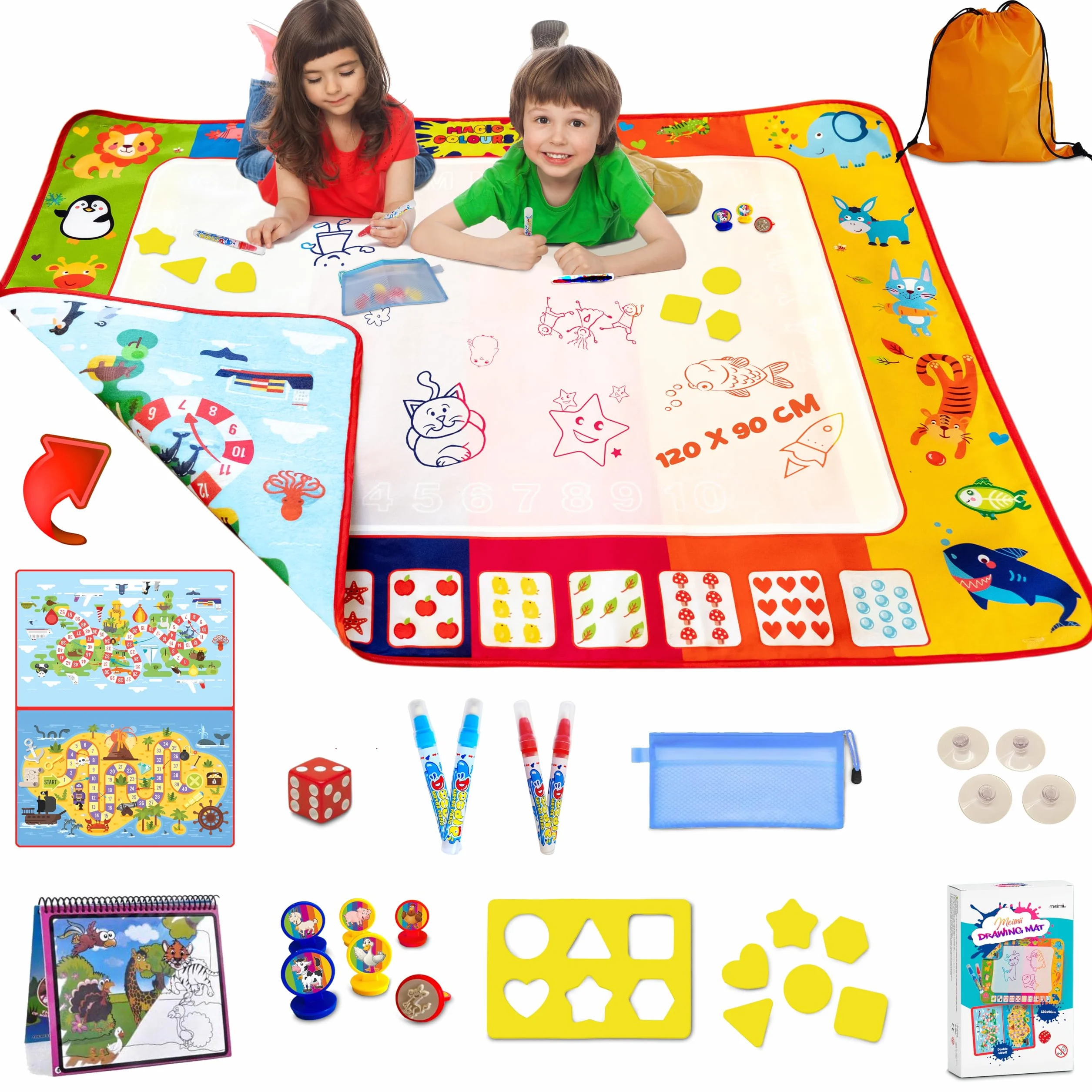 Tapis Magique Double Face 120x90cm Avec Accessoires, jeux éducatifs, tapis de dessin à eau, jouets pour enfants 2 3 4 5 ans Idée cadeau, Design déposé, Doodle, Aqua