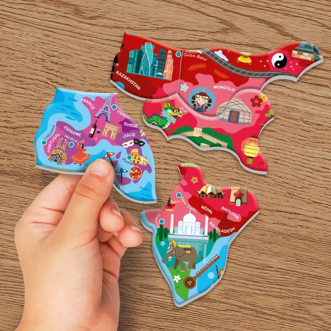 CLEMENTONI - Mon Puzzle Magnétique du Monde 4 Ans + - Planisphère Interactif - Découverte Animaux & Monuments - Jeu Éducatif Enfant