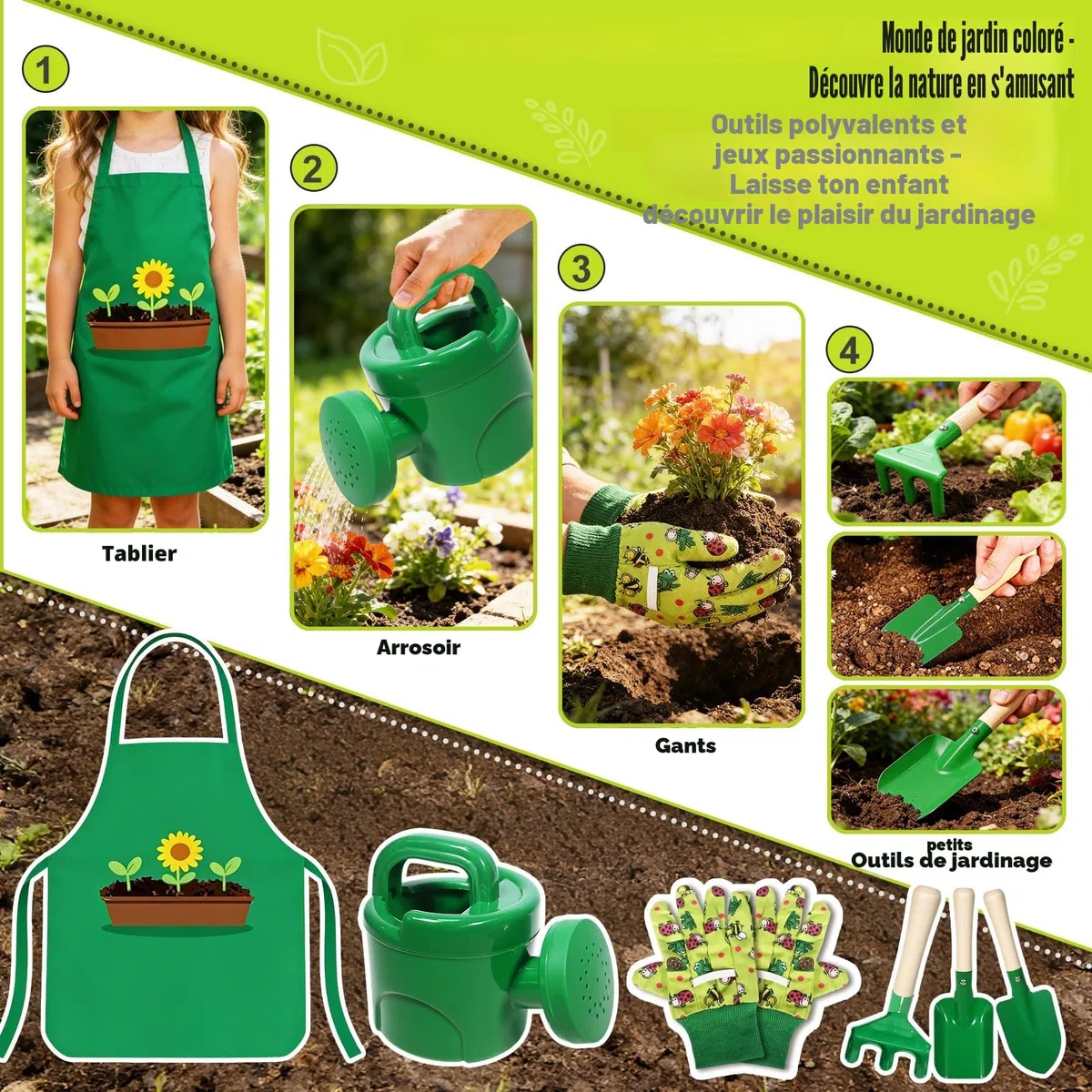 Outils Jardinage Enfant, 10 Kit Jardin Métal avec Pelle, Râteau, Fourche, Gants de Travail, Tablier, Arrosoir, Ensemble Complet de Jardinage pour Enfants, Jardin Extérieur, Cour, Pelouse (A)