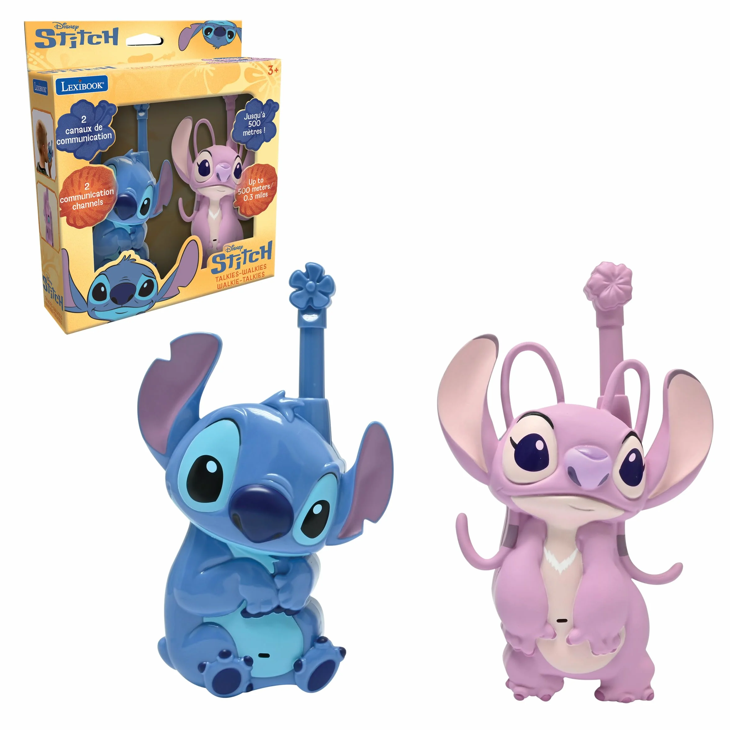 Lexibook, Disney Stitch, Talkies-Walkies 3D Stitch et Angel, Portée 500m, 2 canaux de Communication, Clip Ceinture, Bleu/Rose, TW18D1