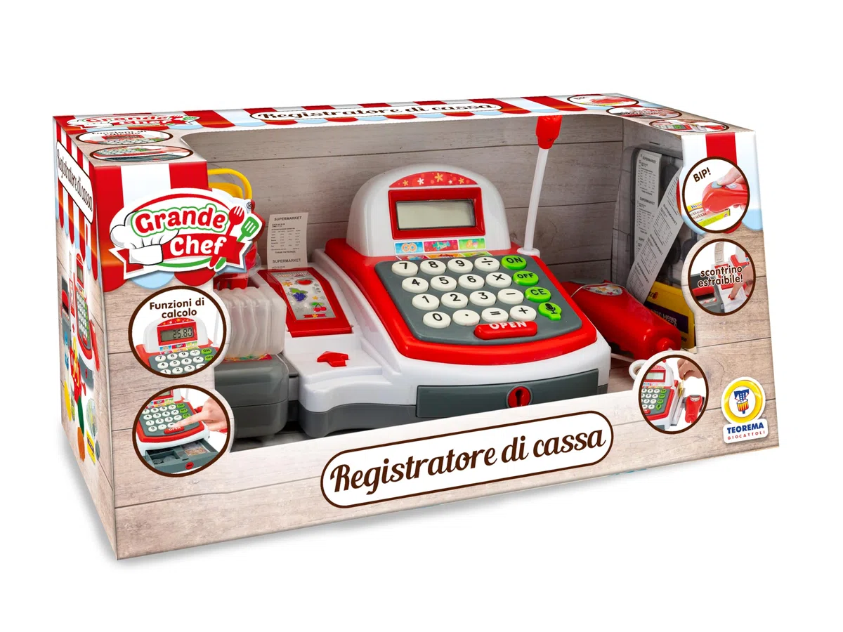 Teorema Giocattoli, Caisse Jouet pour Enfants, enregistreur de Caisse Jouet avec Scanner, lumières et Sons, Calculatrice Vera, reçu extractible et Accessoires supermarché Inclus
