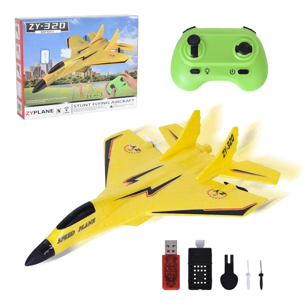 2 Canaux Avion Télécommandé, 2,4 GHz Avion RC avec LED, Facile à Piloter pour Les Enfants et Les Débutants, Chargement USB, Jaune