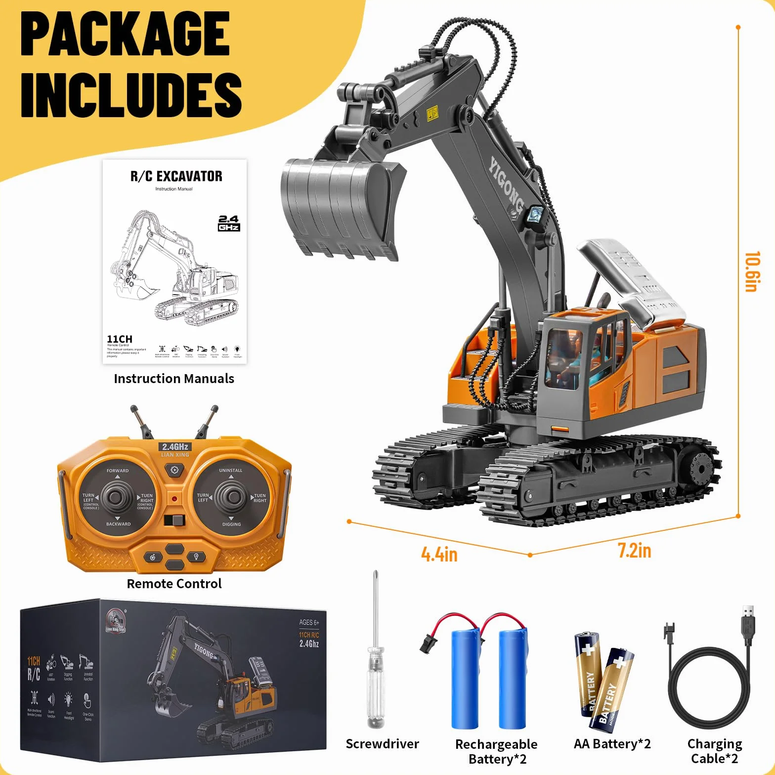 Excavateur Télécommandé pour Enfants,Excavateur Rechargeable avec Pelle en Métal,Excavateur Hydraulique Rc avec Lumières et Sons,Jouet de Creusage pour Garçons de 4-14 Ans