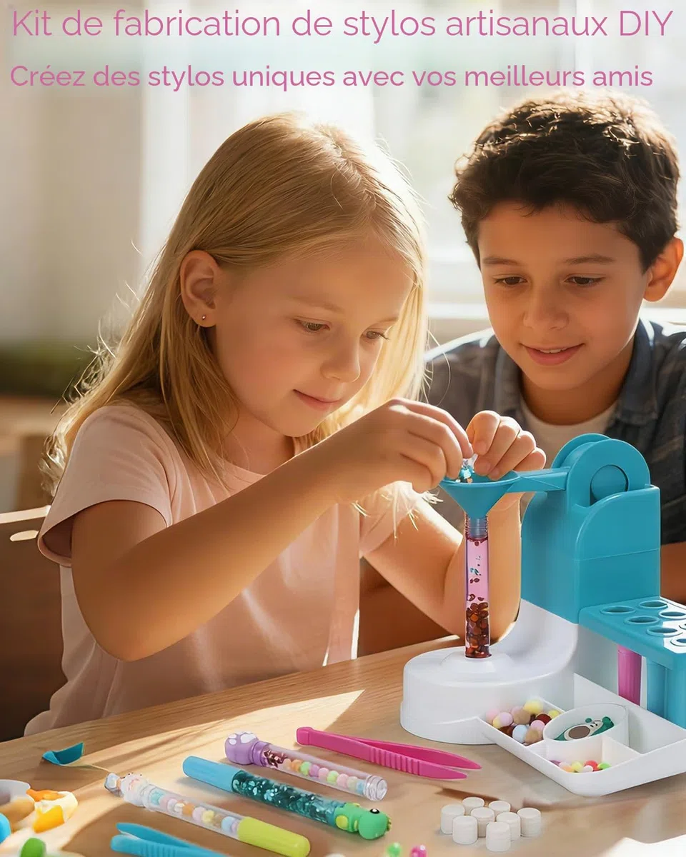 Kit de stylos à faire soi-même pour enfants à partir de 6 ans – Mon atelier de stylo avec 50 accessoires pour 10 stylos personnalisés (paillettes, plumes, figurines) – Kit créatif comme cadeau