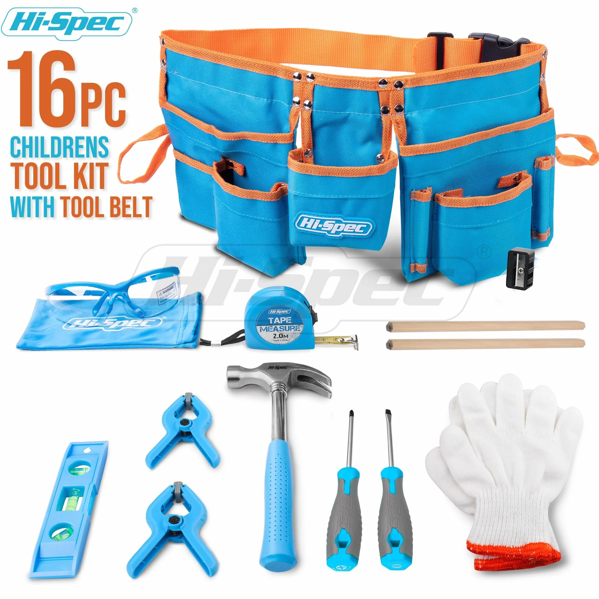 Hi-Spec Ceinture à Outils Enfant avec Kit de 16 Pièces - Gants, Lunettes de Sécurité & Vrais Outils pour Bricolage et Établi - Ceinture Porte-Outils Ajustable, Pratique et Sûre pour Enfants