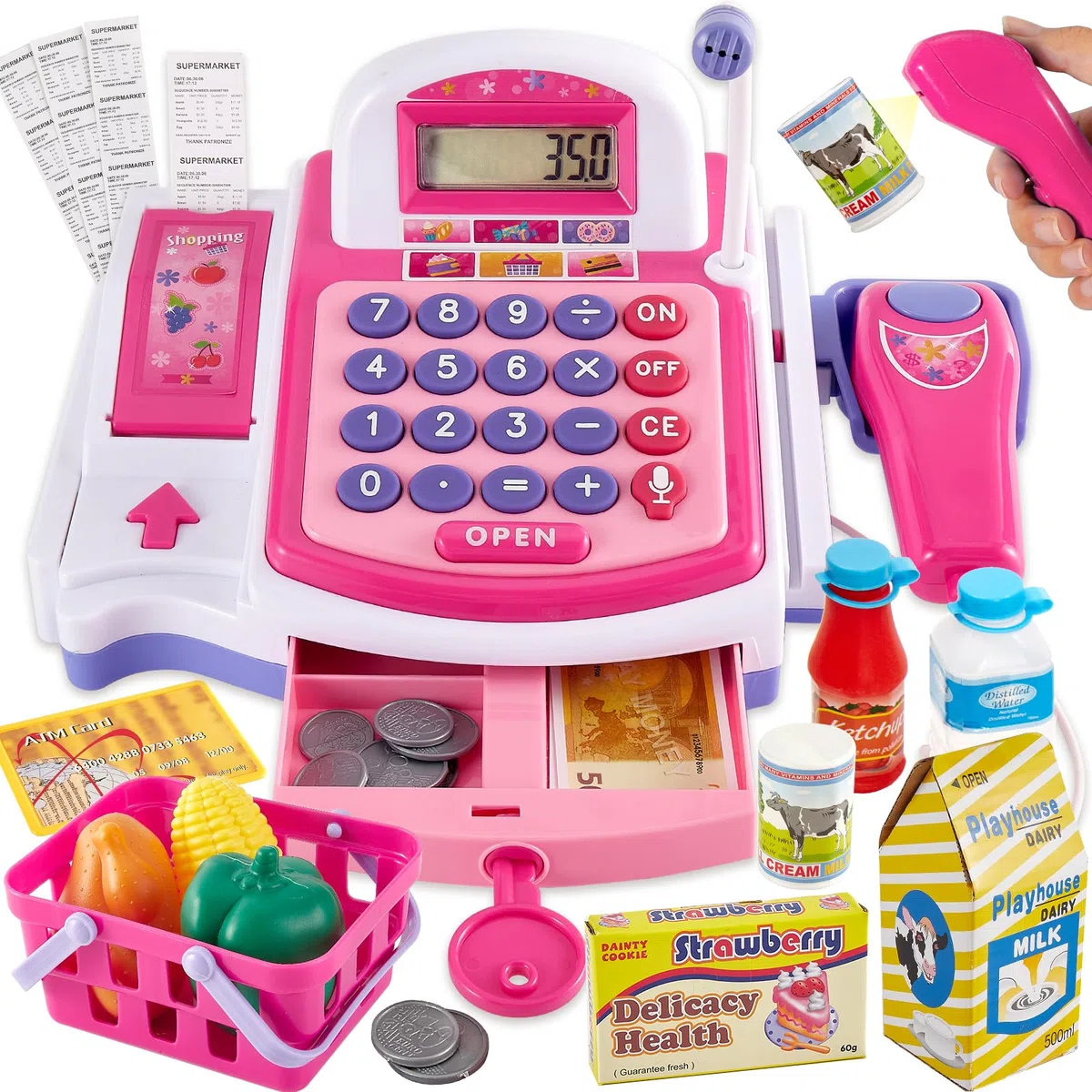 Buyger Grande Caisse Enregistreuse Enfants de 3+ Ans, Imprimante Automatique de Reçus et Scanner, Accessoires de Jouets Alimentaires Marchands, Jeux de Rôle, Cadeaux Éducatifs pour Garçons Filles