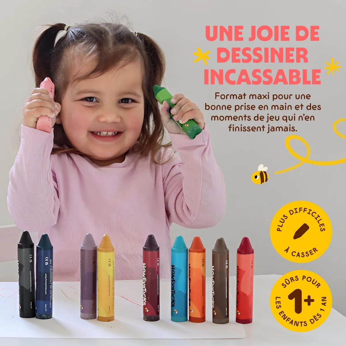 Honeysticks crayons super jumbo (12 unités) - 100% cire d'abeille, couleurs alimentaires, non toxiques, incassables, extra grands, faciles à tenir, écologiques, 1-3 ans