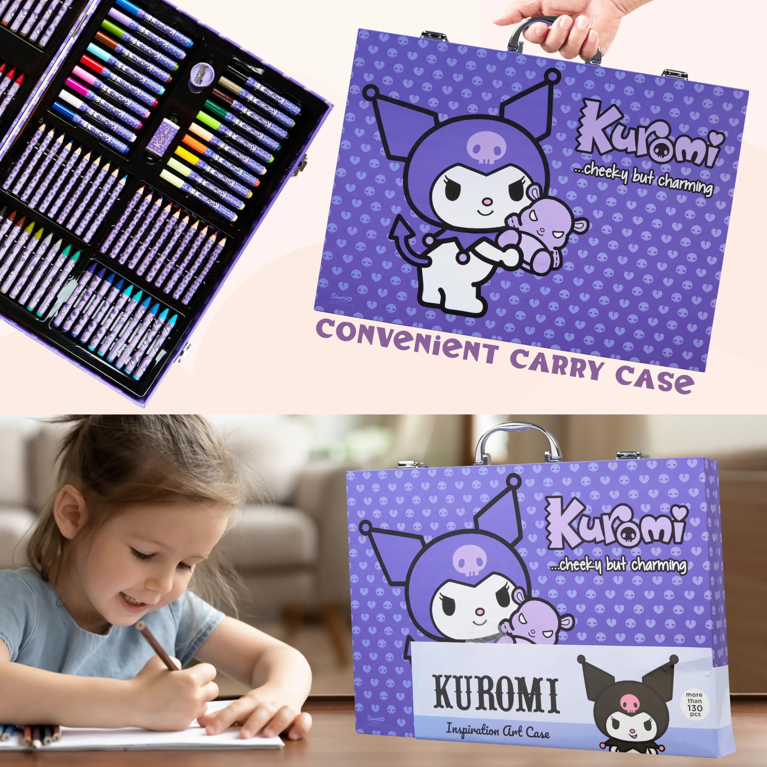 Hello Kitty Sanrio Kuromi Kit de Dessin Enfant, Kit Coloriage Crayons Feutres et Accessoires, Fournitures Kawaii d'Artist Mallette, Cadeau Fille (Violet Kuromi)