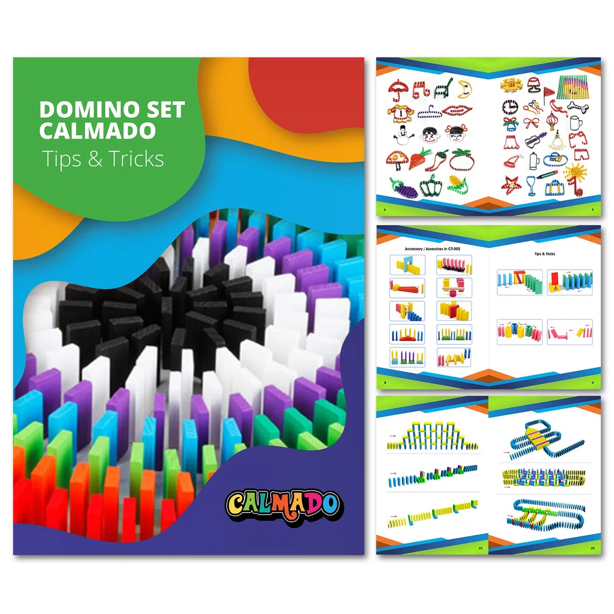 Calmado - Dominos en Bois 370 Pièces – Set Domino Rally pour Enfants et Famille – Dominos Colorés pour Construire et Jouer – Édition Party XXL avec Sac, Instructions et Accessoires
