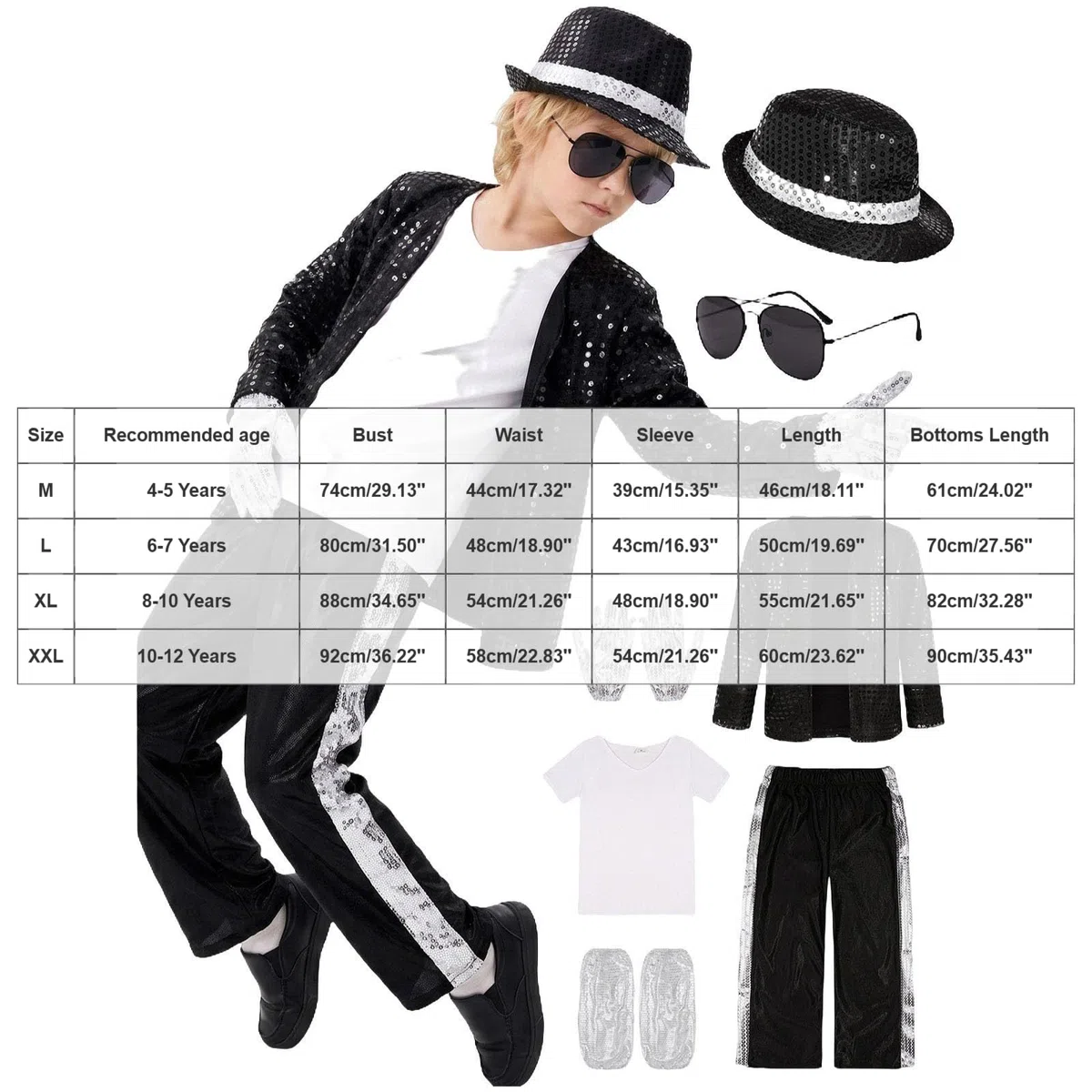 Générique Déguisement Chanteur Enfant Costume Garçons Halloween Costumes 80's mickeal jakson Star Cosplay Vêtements Stage Performance Dancewear Scène star musique enfant 5 pièces accessoires