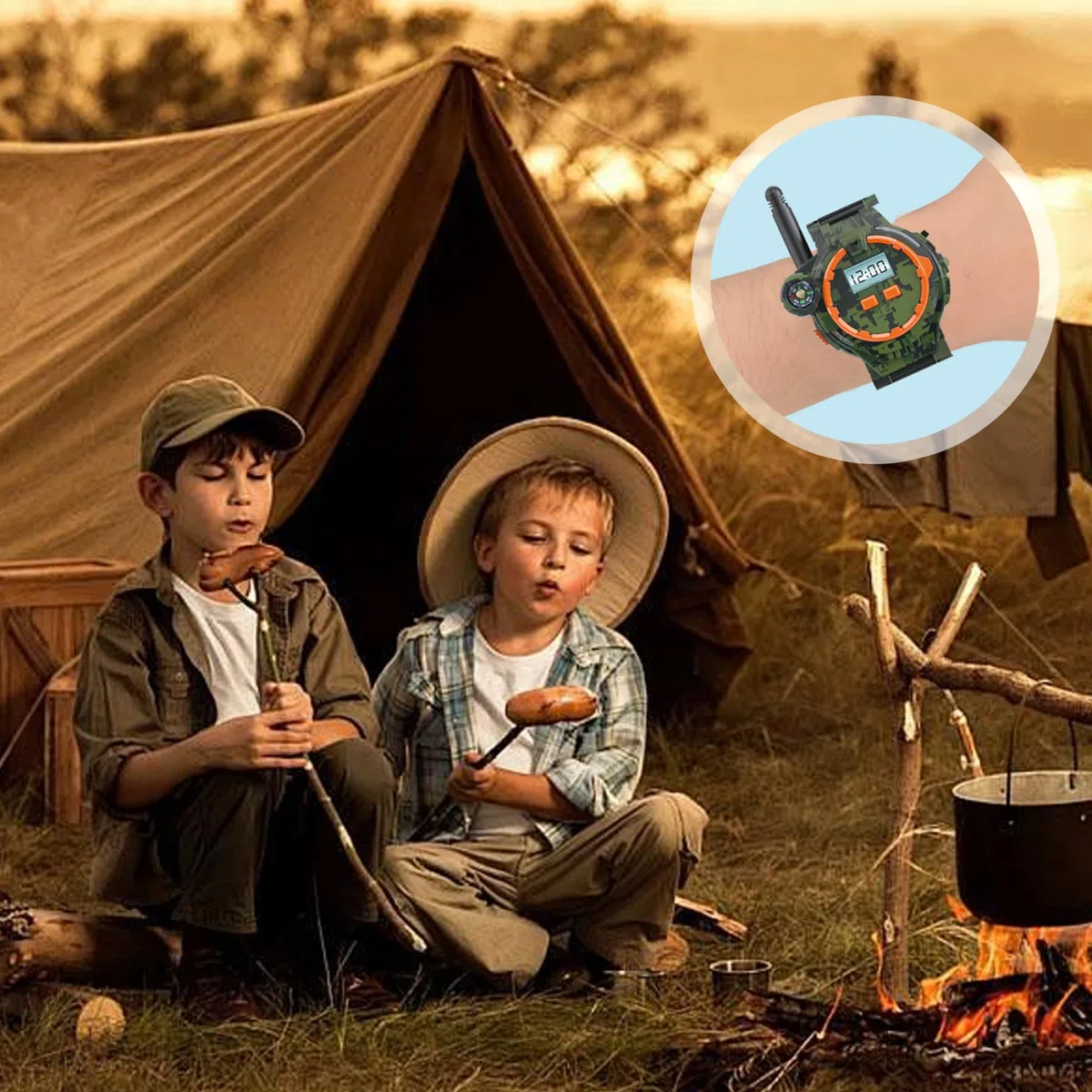 1 paire de talkies-walkies rechargeables USB pour enfants, montre talkie-walkie bidirectionnelle longue portée avec boussole, lampe de poche et heure et date réglables, équipement camping portable