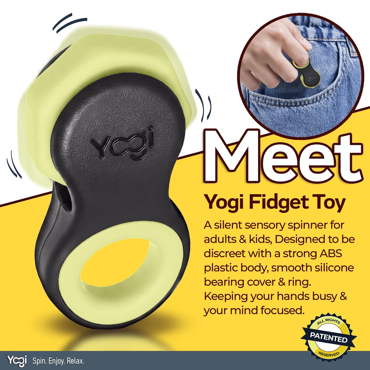 Yogi Jouet Fidget, Spinners Fidget pour adultes, Soulagement de l'anxiété Parfait pour le ADHD le ADD et l'autisme Jouets Fidget silencieux pour adultes et enfants Cinq tailles d'anneaux Clair de lune