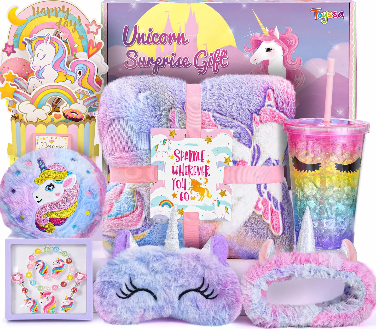 Cadeaux licorne filles 4 5 6 7 8 9 10 ans Couverture canapé 3D Carte Anniversaire Bijoux pour filles Bouteille d'eau Bandeau Maquillage Masque pour dormir Porte-monnaie Licorne Jouet Cadeaux