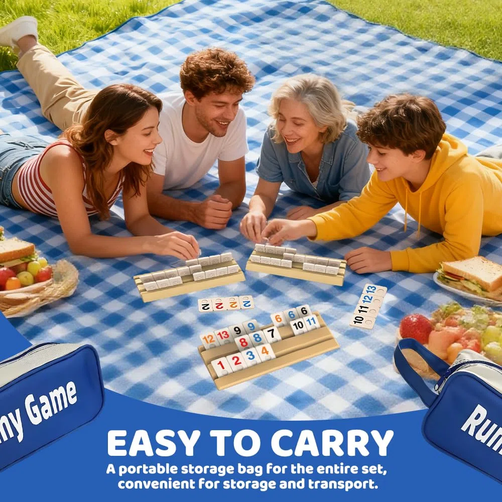 Rummy Jeu de Societe, Rami Jeux de Carte Coffret avec 1 Sac de Rangement, 4 Support, 112 Tuiles Robustes, Jeu de Rummy pour Les Joueurs