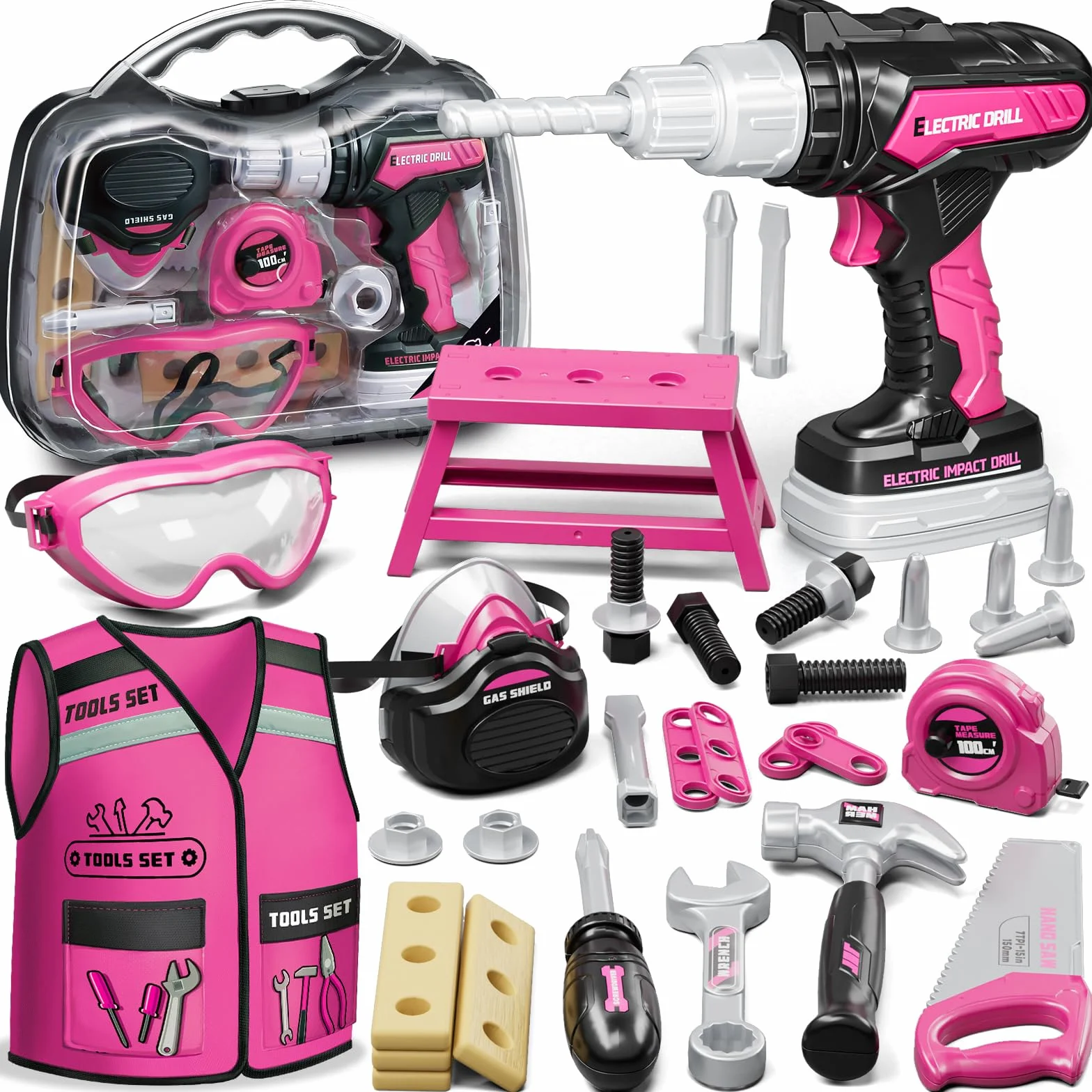 KidBloom Jouet Fille 3 Ans, Boite a Outils Enfant Rose avec Perceuse Électrique, Boîtes à Outils & Gilet, Jouet Enfant 3 4 5 Ans Fille