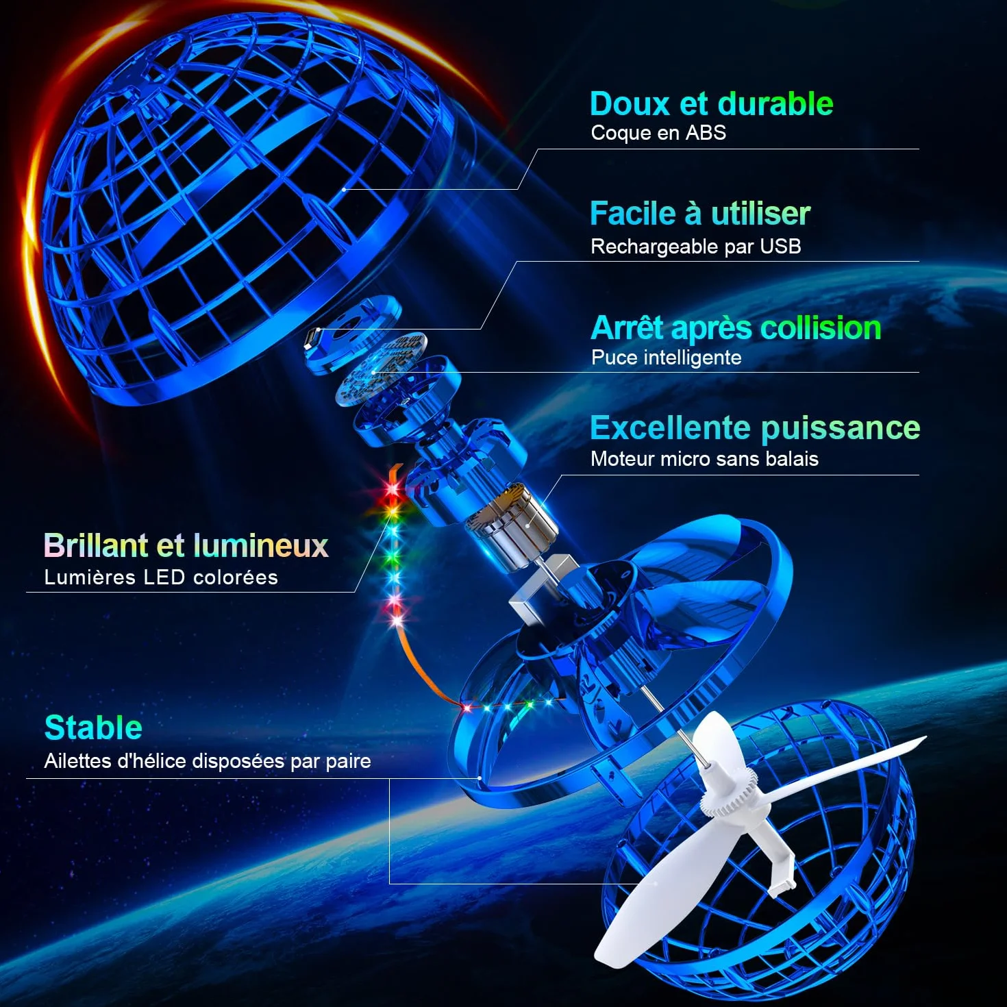 Ivtivfu Boule Volante (Bleu, Amélioré) : Jouet Flying Orb Ball avec LED, UFO Spinner Boomerang Magique, Cadeau Extérieur pour Enfant Garçon Fille 6 7 8 9 10 11 12 Ans