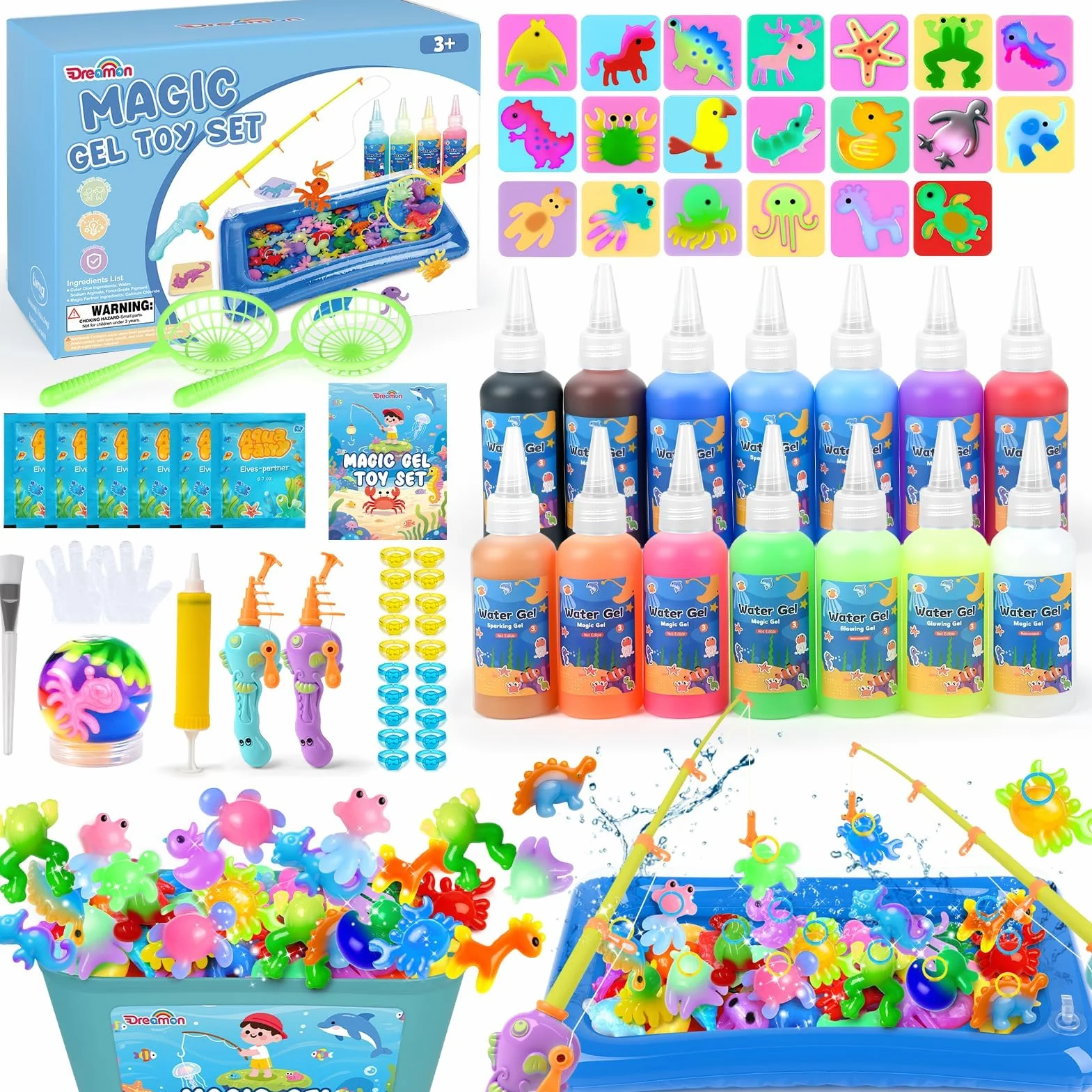 Dreamon Aqua Gel Kit Pêche 71PCS, Jeu Créatif DIY avec 14 Gels Colorés, 20 Moules, 2 Cannes à Pêche, Activité Manuelle Enfant 3+ Ans, Jeu d’Eau Cadeau Fille Garçon 5 6 7 8 Ans