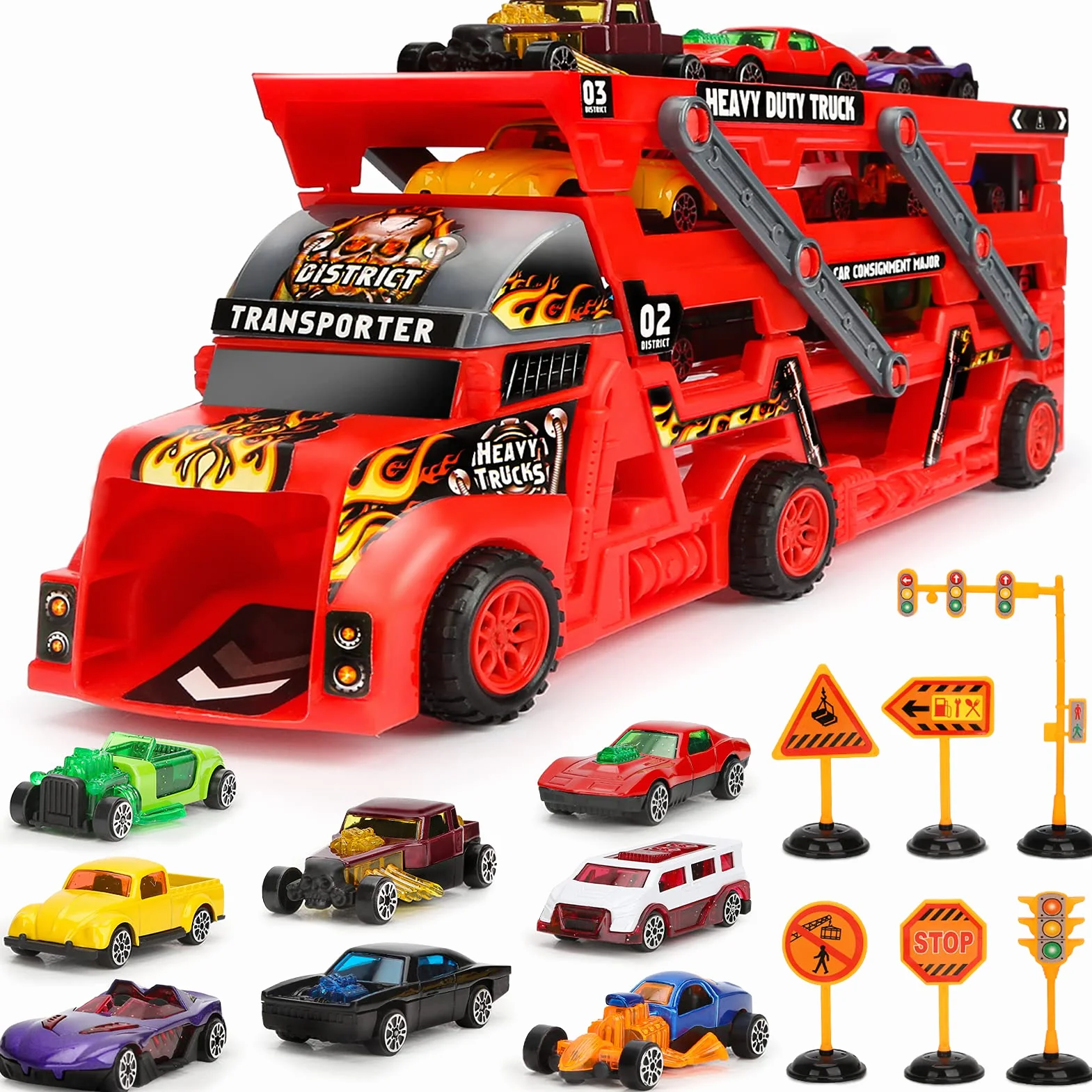 Camion de Transport Voiture Enfant avec Petite Voiture, Panneaux Route, Cadeau Camion Jouet pour 3 4 5 Ans Garcon (Rouge)