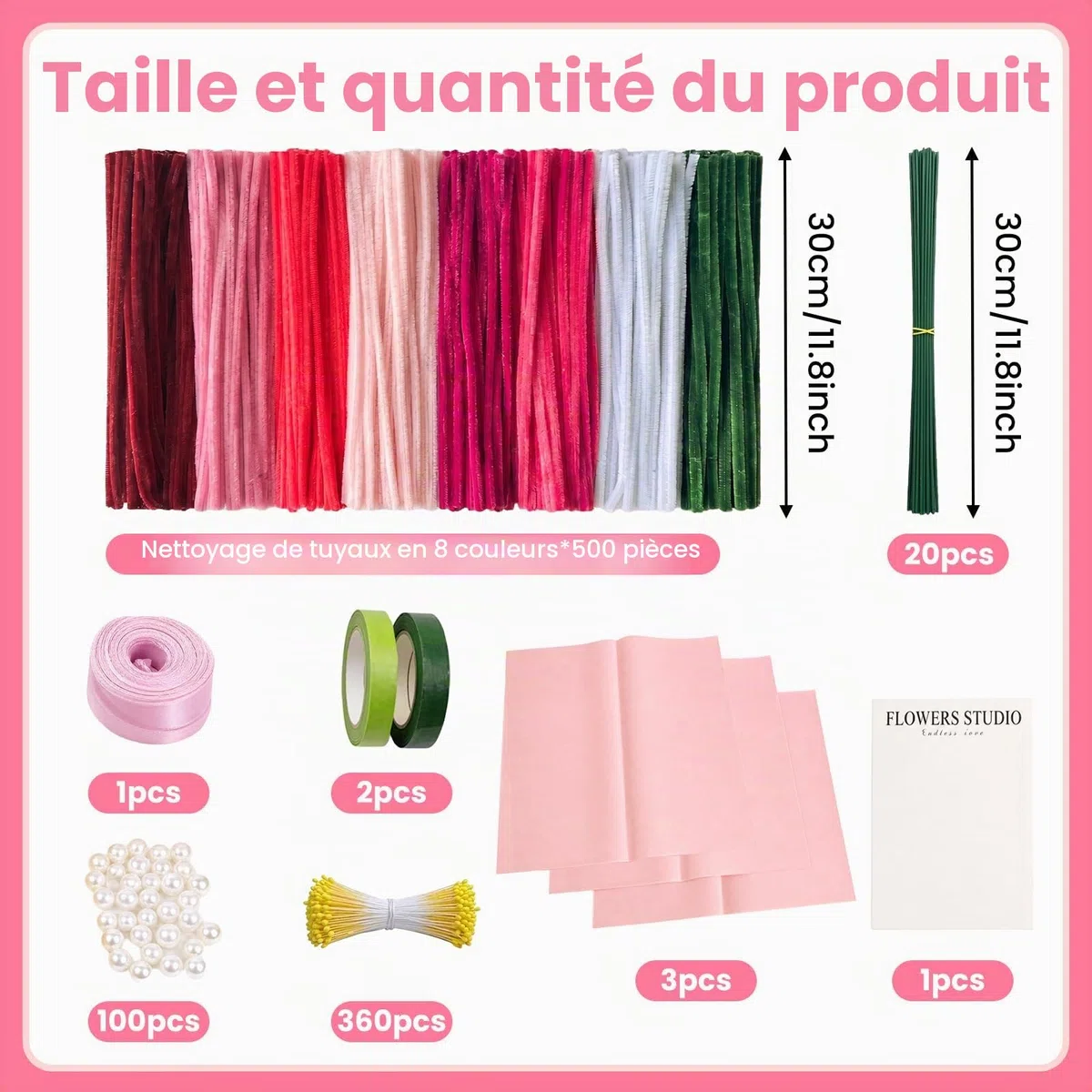 500 Pcs Fil Chenille, Fil Chenille Fleur Kit Complet Fleurs 8 Couleurs, Cure Pipe en Coffret avec Accessoires, Pipe Cleaners Flower kit pour Loisirs Creatifs 30cm Long