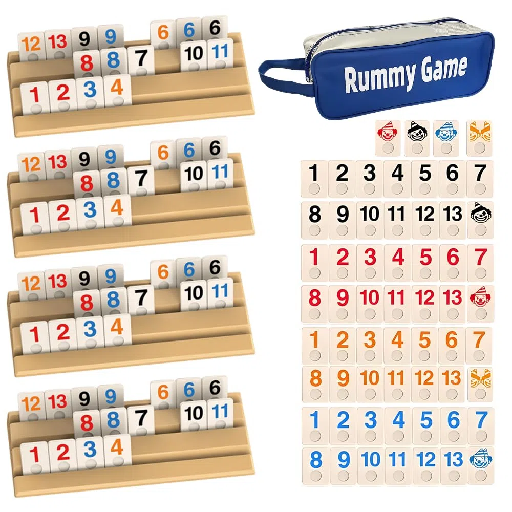 Rummy Jeu de Societe, Rami Jeux de Carte Coffret avec 1 Sac de Rangement, 4 Support, 112 Tuiles Robustes, Jeu de Rummy pour Les Joueurs