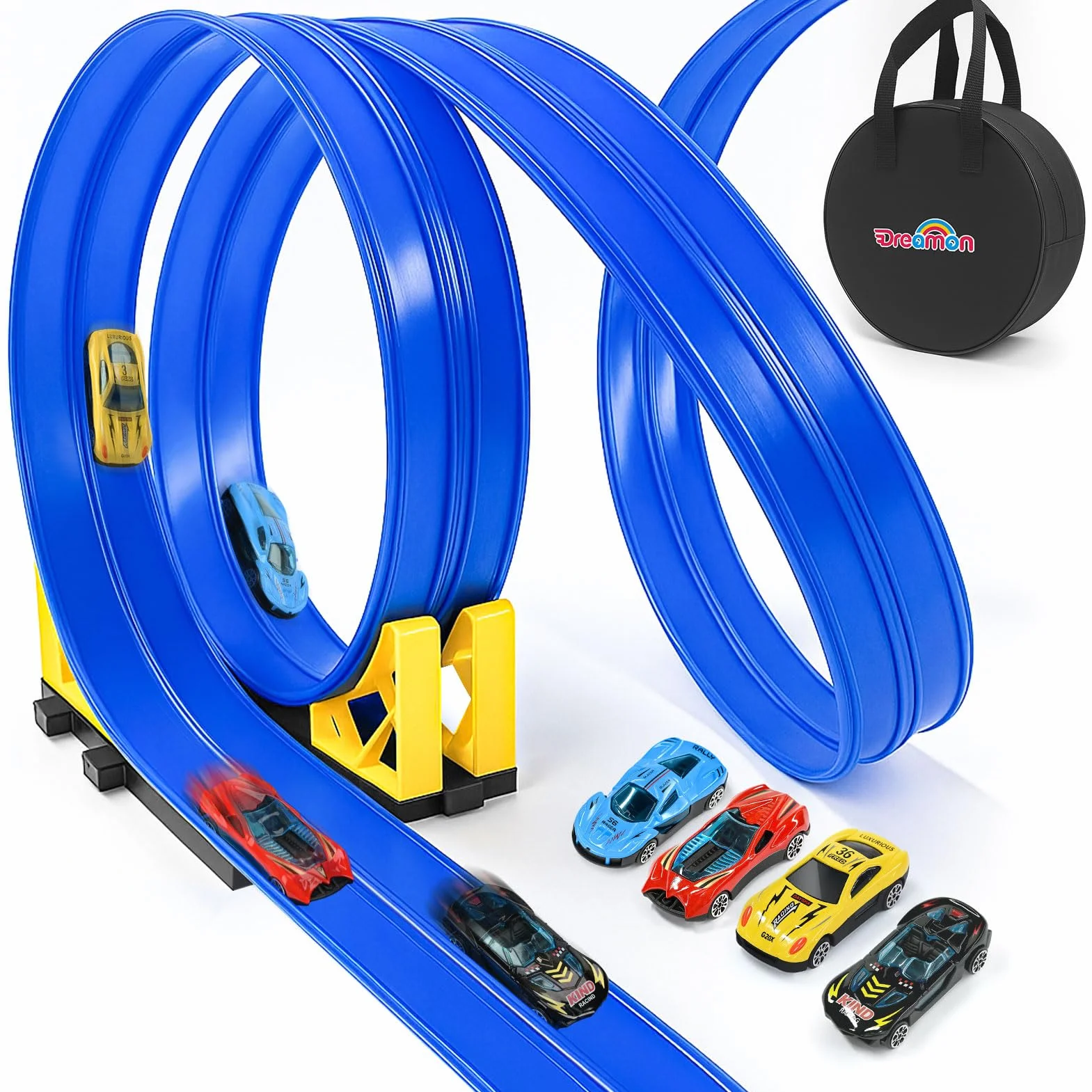 Dreamon Circuit Voiture Enfant Jouet 3 4 5 6 Ans 5M Circuit Flexible Voiture Enfant avec Petites Voitures Rampe Sac de Rangement Ventouse Cadeau pour Garçons Filles