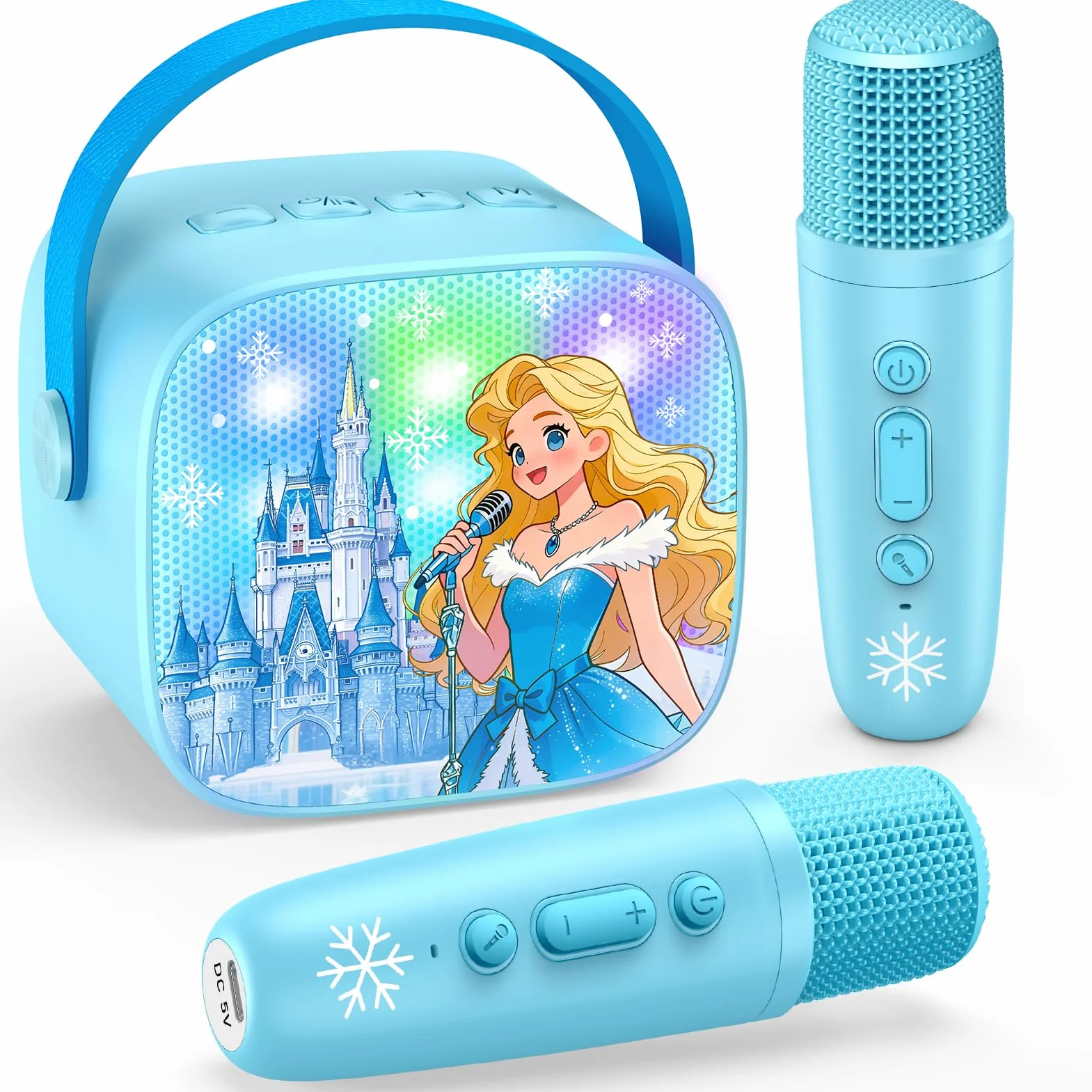 Braxel Micro Karaoke Enfant, Kit Karaoké Bluetooth Thème La Reine des Neiges avec 2 Micros, Effets Vocaux et Lumières LED, Haut-Parleur Portable, pour Filles 3-12 Ans (Bleu)
