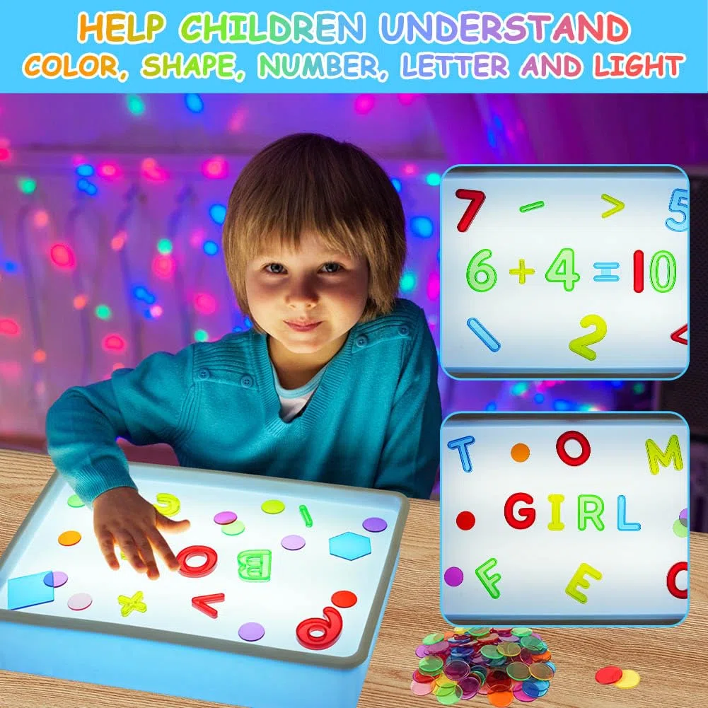 Vicloon Jouets Sensoriels pour l'Autisme, Table Lumineuse Sensorielle et Accessoires,Light Box Bleu avec 151 Lettres, Symboles Mathématiques et Géométrie, Jeux pour l'Autisme Enfants