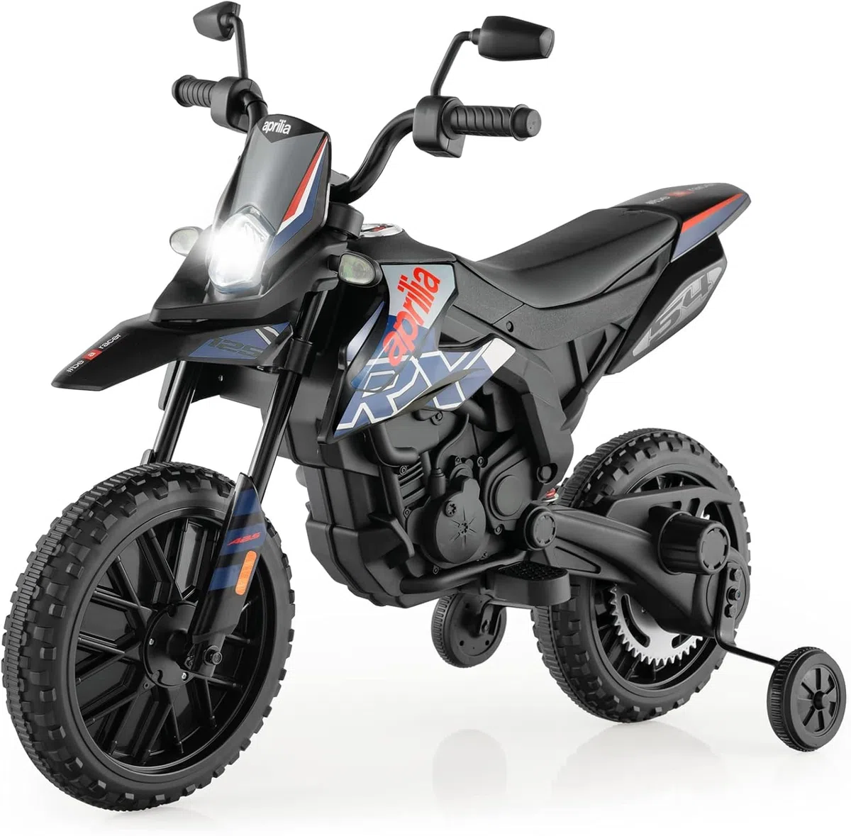 FANTASK Aprilia Moto électrique pour Enfant de 3 à 8 Ans 12 V 5,5 à 6 km/h avec Roues stabilisatrices, Musique et phares, Moto Bleue et Noire