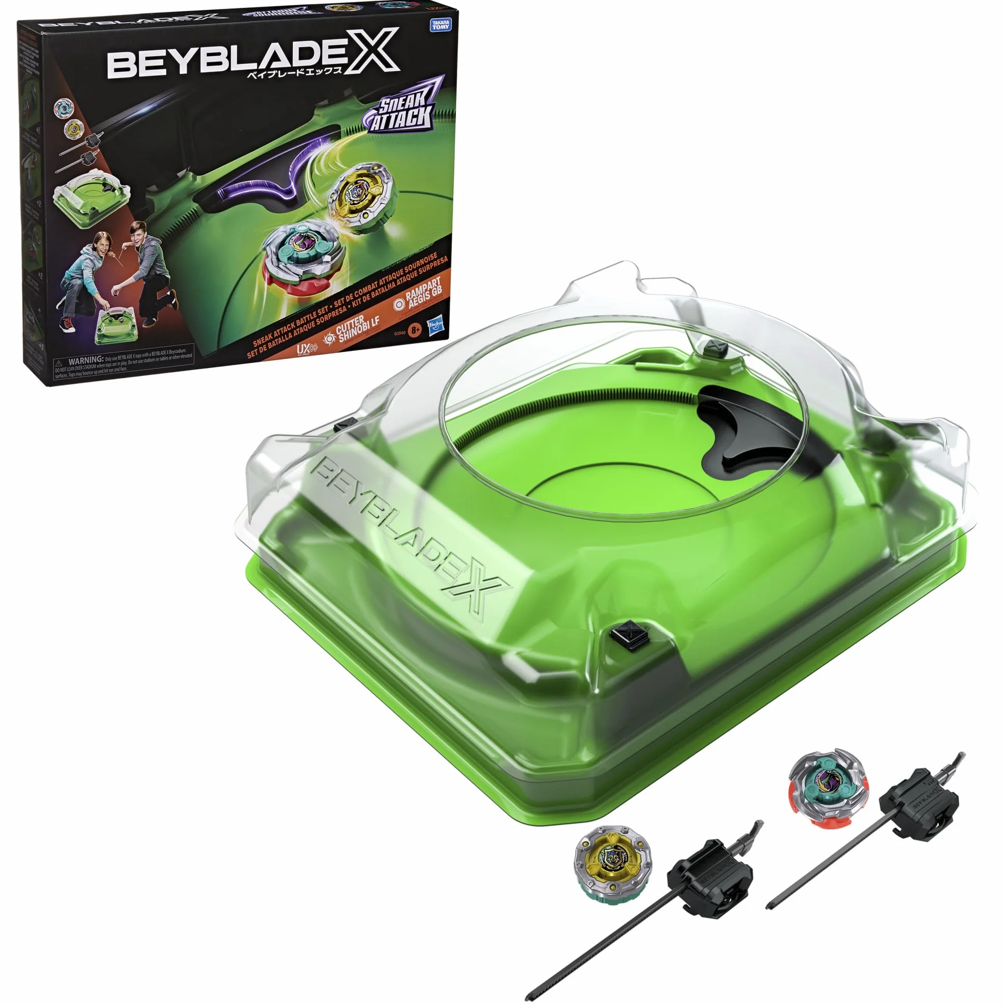 Beyblade X Set de Combat Attaque sournoise avec arène Beystadium, 2 toupies de compétition Takara Tomy à Rotation Droite, 2 lanceurs, dès 8 Ans