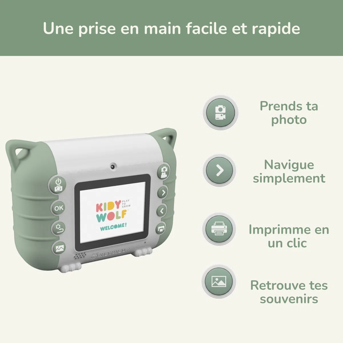 KIDYWOLF Kidyprint Vert – Appareil Photo Instantané Enfant avec Impression Thermique – Polaroid Ludique et Créatif pour Explorer, Capturer et Partager Ses Souvenirs