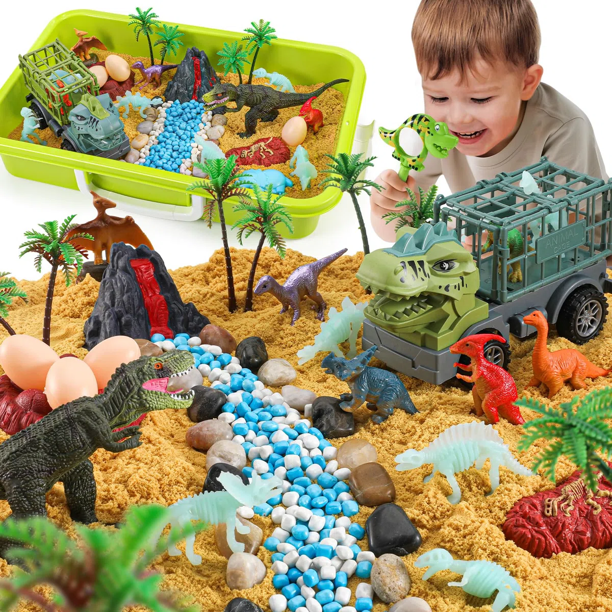FRUSE Sable Magique de Dinosaure, Jouets Sensoriels avec Sable Sensoriels,Dinosaure Jouet, Dino Loupe de Jeu, Dinosaures Phosphorescents, Bac a Sable avec Couvercle,Cadeau pour Enfant de 3 à 8 Ans