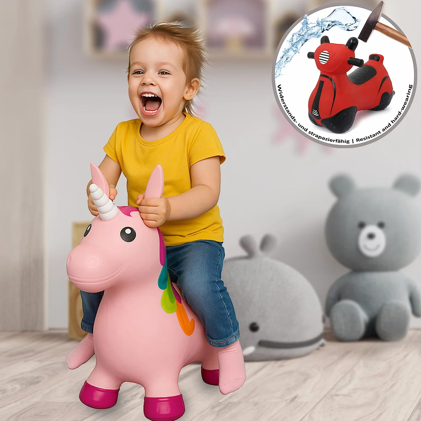 Jamara 460316 – Licorne Animaux à Sauter avec Pompe – Favorise Le Sens De L'équilibre, Oreilles d'animaux comme Support