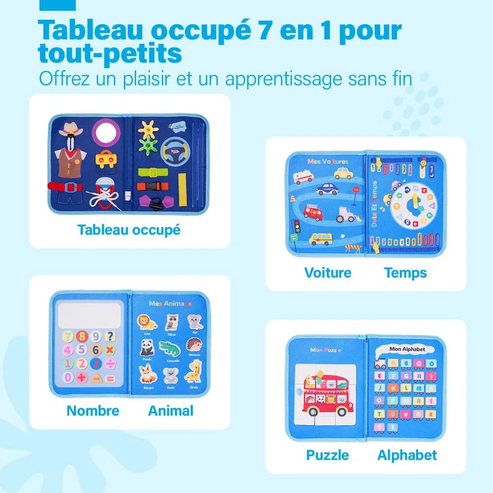 OUOZZZ Busy Board Montessori Voiture en Français – Jouet Éducatif 1 2 3 Ans – Apprentissage des Lettres, Chiffres et Compétences de Vie – Tableau d’Activité Bébé Voyage – Cadeau Fille Garçon