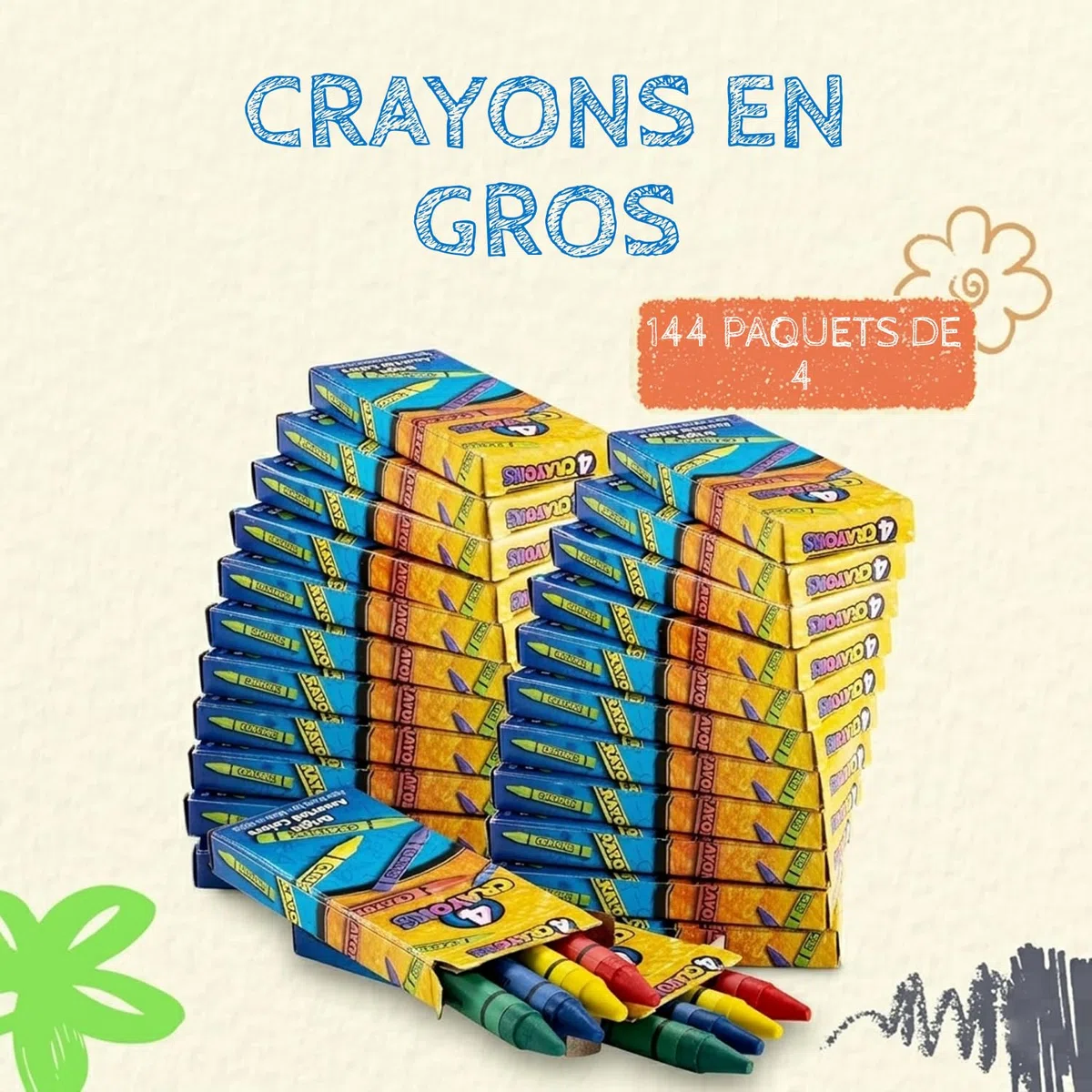Bedwina Crayons Cire - 576 Crayons - Lot 144 paquets de 4, Crayons de Couleur de Qualité Supérieure Enfants, Coloriage Enfants pour Cadeaux Fête, Pochettes Cadeaux et Chaussettes de Noël