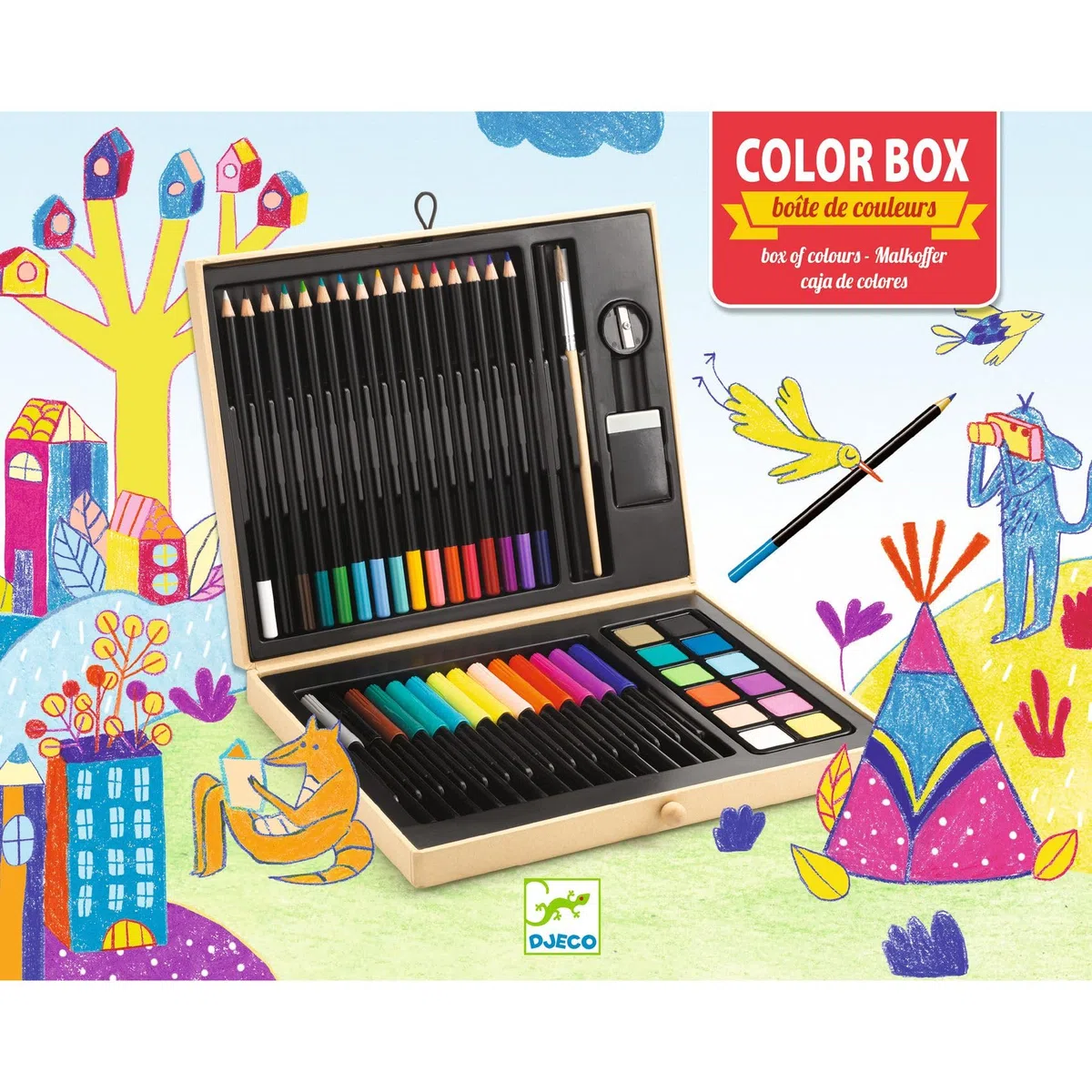DJECO Boîte de Couleurs, dès 5 Ans - Contient Crayons, Feutres, Gouache, Pinceau, Gomme, Taille-Crayon - Stimule la Créativité - Mallette Art Portable et Personnalisable - Qualité Supérieure, EU