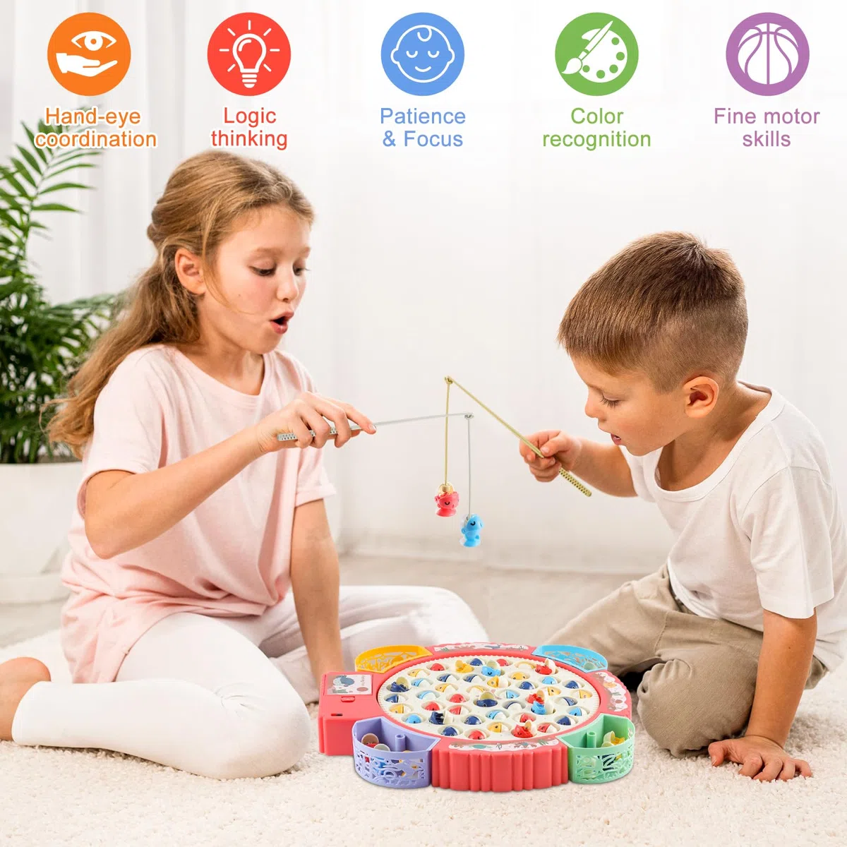 Jeux de Pêche Électriques, Jeu de Pêche à la Ligne avec 55 Poissons et 8 Cannes à Pêche, Jouet de Pêche Musical avec Plateforme, Jeu Magnétique Cadeau pour Enfant Garçons Filles 3-6 Ans