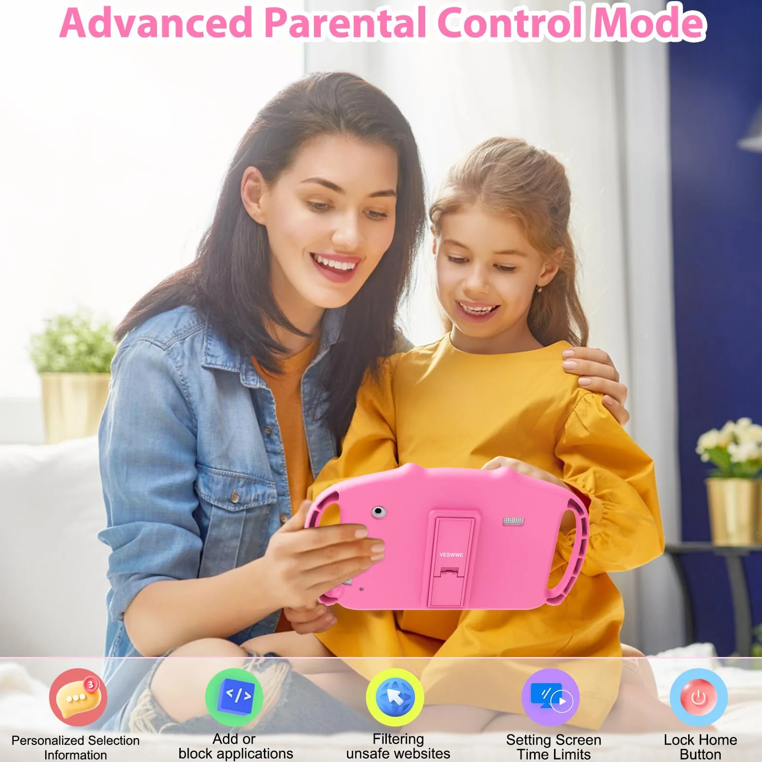 Tablette pour Enfant 7 Pouces Android avec WiFi 2Go RAM 32Go ROM, Contrôle Parental, Double Caméra, Kid-Proof Étui (Rose)