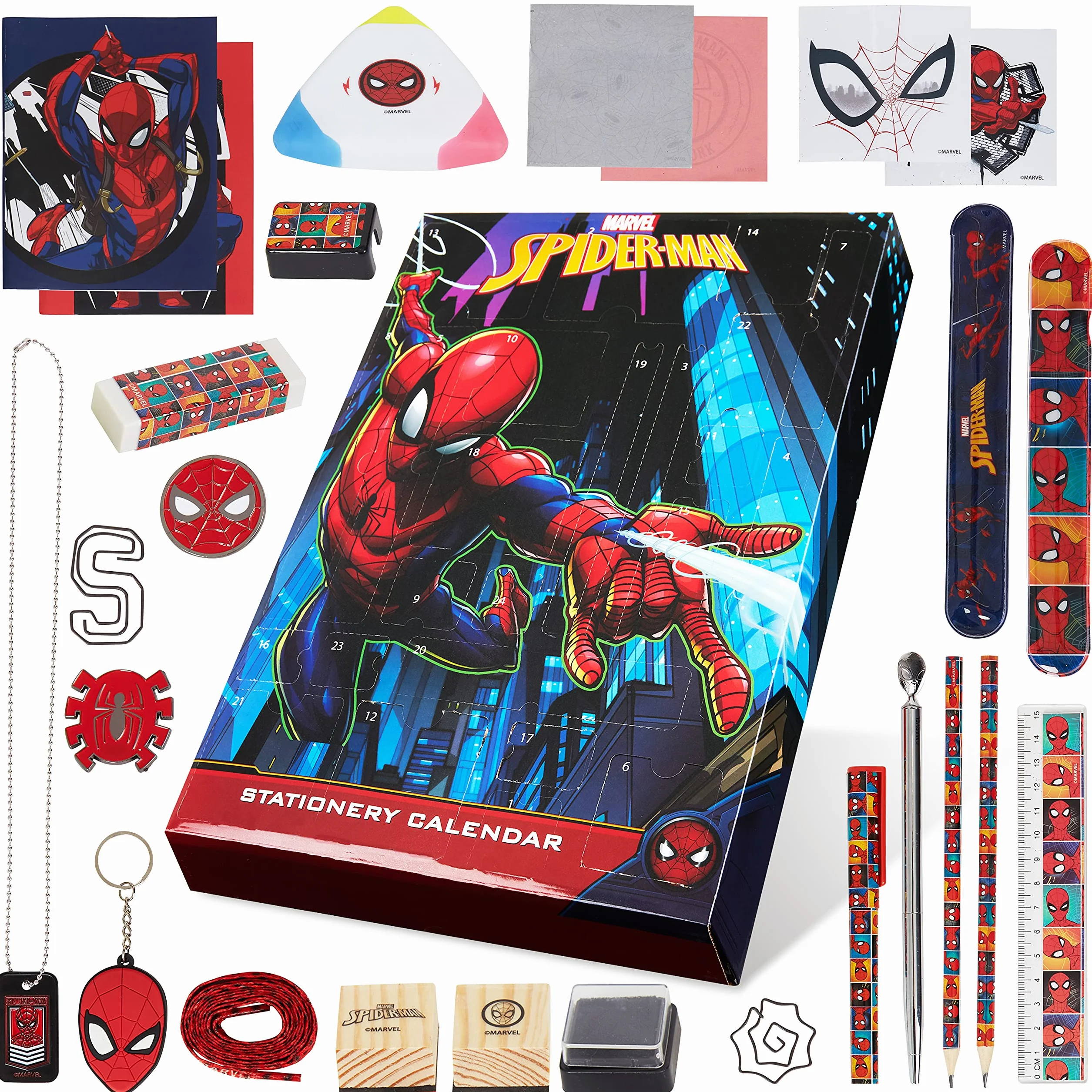 Marvel Spiderman Calendrier de L'avent 2025 Avengers Compte à Rebours Noel 24 Surprises Papeterie Enfant et Accessoires Sympas Stylo Porte-clés (Spiderman Multicolor)
