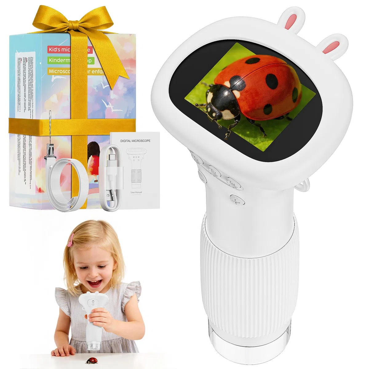 Microscope Enfant Portable Zoom 1000X - Mini Microscope Numérique Rechargeable, Microscop Poche avec Écran, 8 Lumières LED, Jouet Éducatif Scientifique pour Cadeau Noël Filles Garçons (Blanc)
