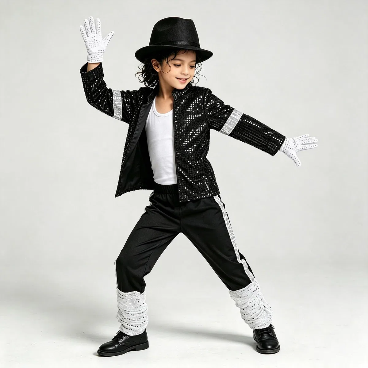 Deguisement Roi de la Pop Garcon Veste et Pantalon à Paillettes Noire Années 80-90 avec Chapeau Gant, Tenue Moonwalk pour Enfant 4-12 Ans Halloween Carnaval Déguisement